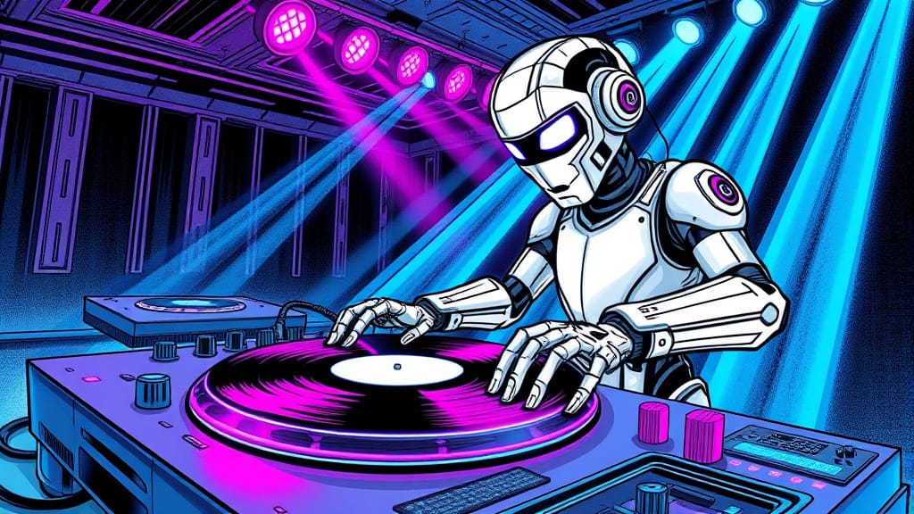 Ein Roboter als DJ - Bleistiftkarikatur, die den Einsatz künstlicher Intelligenz als Playlist-Generator veranschaulicht