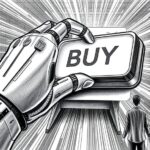 Google möchte jetzt auch Ihr Shopping-Assistent sein – Was könnte schiefgehen? Eine riesige Roboterhand drückt einen ebenso riesigen Buy-Button, ein im Vergleich winziger Nutzer steht hilflos daneben - Bleistiftkarikatur