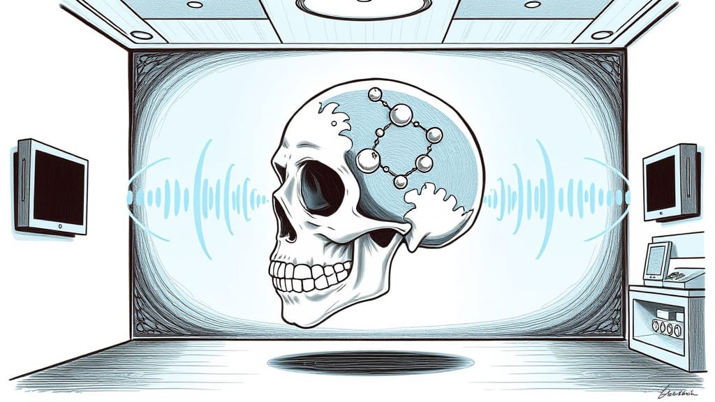 Menschlicher Schädel, durchdrungen von Ultraschallwellen - Bleistiftkarikatur