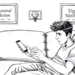 Meta baut Spiele in Threads-Nachrichten ein – als Suchtverstärker Junger Mann auf der Couch eines Therapeuten, der auf seinem Smartphone herumtippt - Bleistiftkarikatur