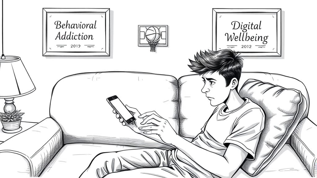 Junger Mann auf der Couch eines Therapeuten, der auf seinem Smartphone herumtippt - Bleistiftkarikatur