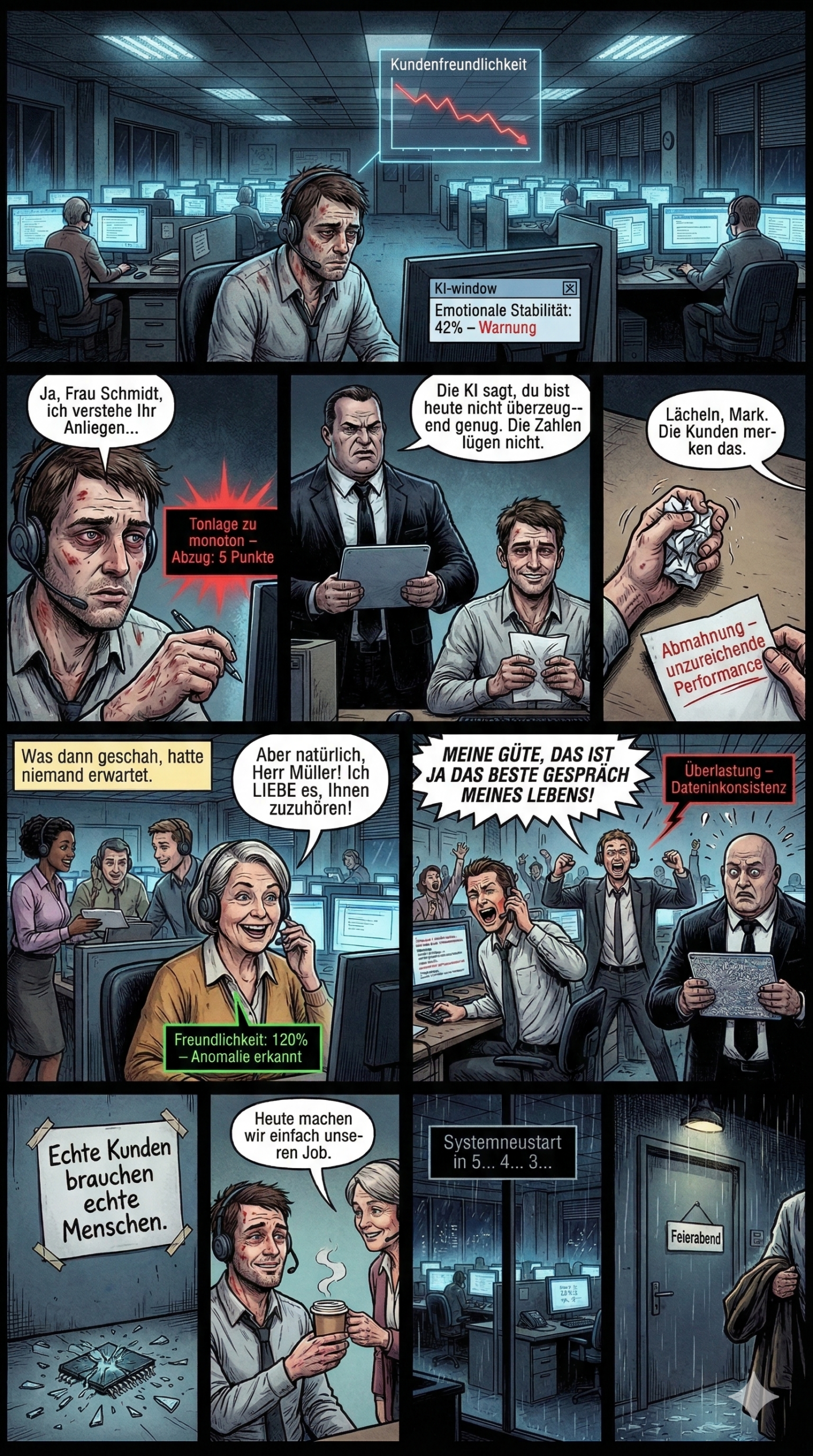 Ein Comic, der abgekämpfte Mitarbeiter in einem Großraumbüro zeigt. Eine KI beurteilt deren Kundengespräche - bis eine Kollegin das System crasht.