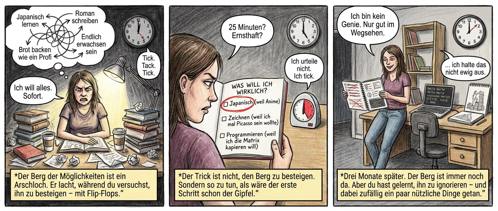 { Titel: "Der Berg der Möglichkeiten – Eine Anleitung zum Scheitern (mit Bonus-Chance)"
Panel 1 (Szene 1: Der Berg der Möglichkeiten)
Lena sitzt an einem Schreibtisch, der aussieht, als hätte ein Wirbelsturm aus Büchern, Kaffeebechern und zerknüllten Zetteln darin gewütet. Die Schreibtischlampe wirft ein grelles Licht auf ihr Gesicht, das zwischen Verzweiflung und Wut schwankt. Die Wanduhr zeigt Mitternacht, der Sekundenzeiger tickt wie ein Folterinstrument. Über ihrem Kopf schwebt eine Gedankenblase mit einem wirren Netz aus Pfeilen, die alle auf verschiedene Ziele zeigen: "Japanisch lernen", "Roman schreiben", "Brot backen wie ein Profi", "Endlich erwachsen sein".
Textfeld (unten): "Der Berg der Möglichkeiten ist ein Arschloch. Er lacht, während du versuchst, ihn zu besteigen – mit Flip-Flops."
Sprechblase (Lena, genervt): "Ich will alles. Sofort."
Sprechblase (Uhr, flüsternd): "Tick. Tack. Tick."
---
Panel 2 (Szene 2: Der erste Schritt)
Lena hat ein Notizbuch aufgeschlagen, in dem sie mit kindlicher Schrift "WAS WILL ICH WIRKLICH?" hingekritzelt hat. Darunter: drei Kästchen, beschriftet mit "Japanisch (weil Anime)", "Zeichnen (weil ich mal Picasso sein wollte)" und "Programmieren (weil ich die Matrix kapieren will)". Das "Japanisch"-Kästchen ist mit einem dicken roten Stift umrandet. Neben ihr liegt ein Küchentimer, der auf 25 Minuten eingestellt ist. Die Unordnung im Hintergrund ist noch da, aber jetzt wirkt sie wie ein stiller Komplize.
Textfeld (unten): "Der Trick ist nicht, den Berg zu besteigen. Sondern so zu tun, als wäre der erste Schritt schon der Gipfel."
Sprechblase (Lena, skeptisch): "25 Minuten? Ernsthaft?"
Sprechblase (Timer, trocken): "Ich urteile nicht. Ich tick."
---
Panel 3 (Szene 3: Der Weg entsteht im Gehen)
Derselbe Raum, aber jetzt aufgeräumt – bis auf ein paar strategisch platzierte "kreative Unordnungen" (ein halbvoller Kaffeebecher, ein offenes Skizzenbuch). Lena lehnt lässig am Schreibtisch, in der Hand ihr Notizbuch, in dem jetzt Seiten voller durchgestrichener Listen, Skizzen und Screenshots von Code zu sehen sind. Im Hintergrund: ein selbstgebautes Regal (schief, aber stolz), ein Laptop mit einem laufenden Programm ("Hello World" in 15 Sprachen) und ein Skizzenbuch mit einer halbfertigen Karikatur von ihr selbst, wie sie einen Berg aus Büchern erklimmt. Die Uhr tickt immer noch, aber jetzt wirkt sie wie ein harmloses Accessoire.
Textfeld (unten): "Drei Monate später. Der Berg ist immer noch da. Aber du hast gelernt, ihn zu ignorieren – und dabei zufällig ein paar nützliche Dinge getan."
Sprechblase (Lena, grinsend): "Ich bin kein Genie. Nur gut im Wegsehen."
Sprechblase (Regal, ächzend): "… ich halte das nicht ewig aus." }