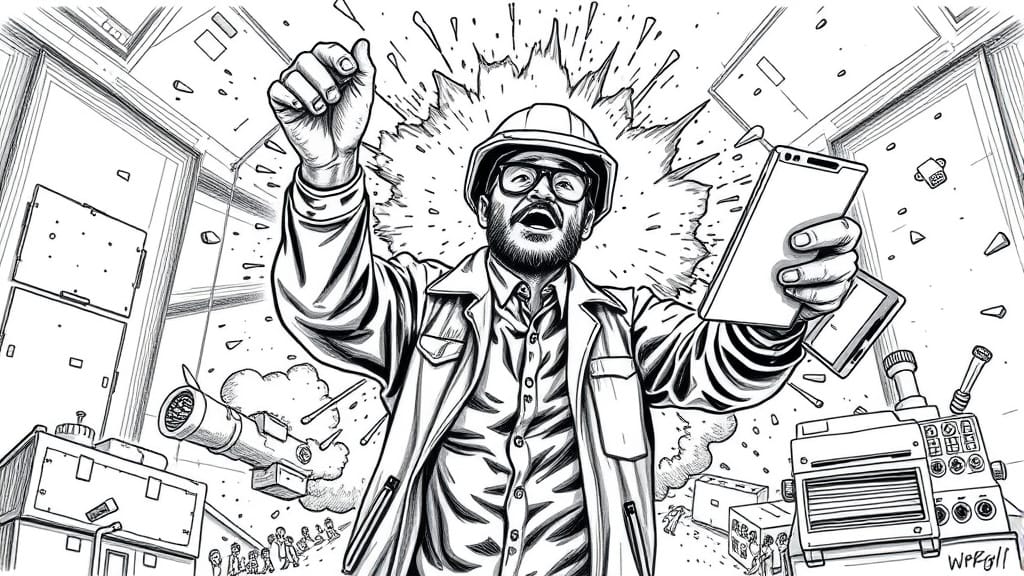 Enthusiastischer Entwickler, hinter dessen Rücken eine gewaltige Detonation zu sehen ist - ein Symbol für den Hype um OpenClaw. Bleistiftkarikatur.