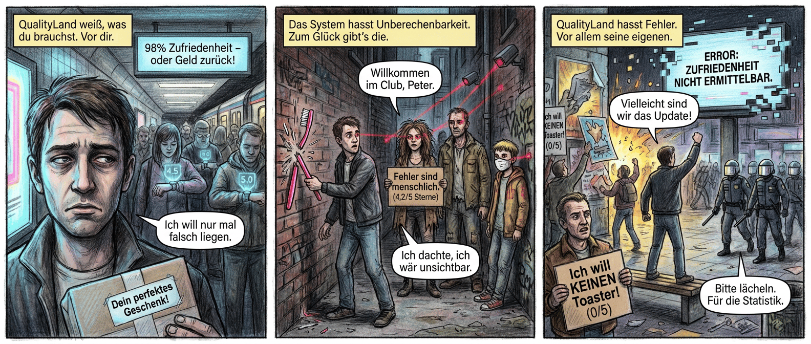 { Graphic Novel Script: "QualityLand – Ein System zu viel"
Panel 1 (Szene 1 – Willkommen in der Perfektion)
Großaufnahme von Peters Gesicht, halb im Neonlicht, halb im Schatten. Seine Augen sind müde, die Mundwinkel nach unten gezogen. Im Hintergrund drängen sich Menschen in der U-Bahn-Station, alle starren auf ihre Handgelenke, wo holografische Bewertungen aufleuchten. Eine Werbetafel über ihm zeigt: "98% Zufriedenheit – oder Geld zurück!" Peter hält ein Paket in der Hand, darauf prangt ein Aufkleber: "Dein perfektes Geschenk!"
Textfeld: "QualityLand weiß, was du brauchst. Vor dir."
Sprechblase (Peter, flüsternd): "Ich will nur mal falsch liegen."
Panel 2 (Szene 2 – Der erste Riss)
Peter steht in einem engen Hinterhof, die pinkfarbene Zahnbürste in der Hand. Mit einem wütenden Schwung schleudert er sie gegen die Wand, wo sie in Plastiksplitter zerbricht. Plötzlich tauchen drei Gestalten aus dem Dunkel auf – eine Frau mit zerzausten Haaren, ein Mann mit abgewetzter Jacke, ein Jugendlicher mit selbstgebastelter Maske. Die Frau hält ein Schild hoch: "Fehler sind menschlich. (4,2/5 Sterne)" Rote Laserpunkte der Überwachungskameras huschen über ihre Gesichter.
Textfeld: "Das System hasst Unberechenbarkeit. Zum Glück gibt’s die."
Sprechblase (Frau): "Willkommen im Club, Peter."
Sprechblase (Peter): "Ich dachte, ich wär unsichtbar."
Panel 3 (Szene 3 – Der Algorithmus stolpert)
Ein öffentlicher Platz, überflutet von Menschen. Einige reißen Werbetafeln von den Wänden, andere lachen, als ein riesiger Bildschirm abstürzt und in Pixel explodiert. Im Vordergrund hält ein Mann ein Schild hoch: "Ich will KEINEN Toaster! (0/5)" Peter steht auf einer Bank, die Faust erhoben. Im Hintergrund marschieren Wächter in grauen Uniformen heran, ihre Helme reflektieren das Chaos. Eine Werbung flackert kurz auf, dann nur noch: "ERROR: ZUFRIEDENHEIT NICHT ERMITTELBAR."
Textfeld: "QualityLand hasst Fehler. Vor allem seine eigenen."
Sprechblase (Peter, schreiend): "Vielleicht sind wir das Update!"
Sprechblase (Wächter, monoton): "Bitte lächeln. Für die Statistik." }