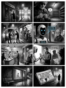 Der Comic zeigt, wie eine alte Dame ihren kleinen Lebensmittelladen schließt. Kurze Zeit später bedient dort ein Roboter die Kunden.