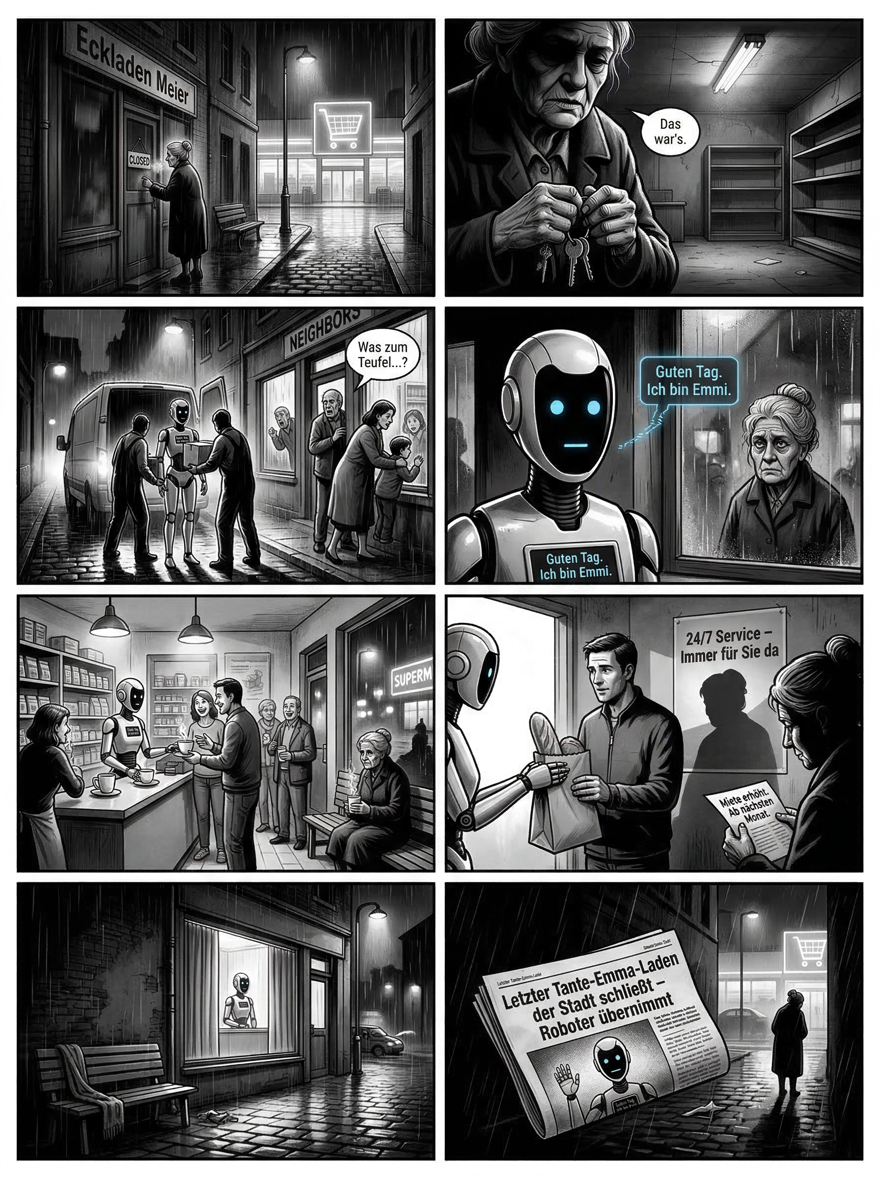 Der Comic zeigt eine alte Dame, die traurig ihren Laden schließt. Einige Zeit später bedient dort ein Roboter die Kunden.