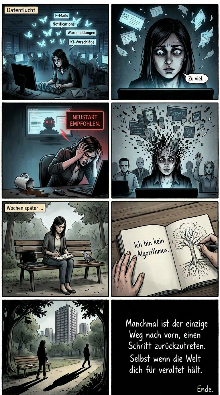 Der Comic zeigt eine junge Frau, die von digitalen Nachrichten überflutet wird und aus der digitalen Welt ausbricht. Ein Bild zeigt sie in einem Park, wie sie die Worte "Ich bin kein Algorithmus." in ein Notizbuch schreibt.