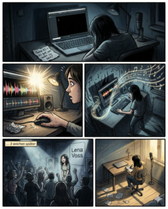 Panel 1 (Weit, düster, Schatten dominieren)
Ein schmales Zimmer, nur erhellt vom blassen Licht eines Laptopbildschirms. Lena sitzt zusammengesunken vor dem Gerät, die Silhouette fast verschluckt von der Dunkelheit. Der Bildschirm zeigt eine leere DAW-Software – ein schwarzes Nichts mit einem blinkenden Cursor. Ihr Gesicht ist halb im Schatten, die Lippen leicht geöffnet, als wollte sie etwas sagen, aber die Worte bleiben stecken. Neben der Tastatur liegt ein zerknüllter Zettel mit der Aufschrift "Suno KI – zu gut, um wahr zu sein?" in krakeliger Schrift. Im Hintergrund ein unbenutztes Mikrofon, das wie ein stummer Vorwurf wirkt. Die Luft ist schwer, fast greifbar.
Panel 2 (Nah, dramatischer Kontrast)
Lenas Hand zittert über der Maus. Die Kamera zoomt auf ihre Finger, die den Klick ausführen – ein greller Blitz aus dem Bildschirm, als würde etwas Altes erwachen. Plötzlich: Farbe. Wellenformen schießen über den Monitor, ein Beat bricht aus den Lautsprechern, hart und unerwartet wie ein Schlag. Lenas Augen weiten sich, ihr Mund formt ein stummes "Oh". Der Schatten auf ihrem Gesicht reißt auf, als das Licht der KI sie trifft. Im Hintergrund flackert die Schreibtischlampe, als würde sie gegen die Dunkelheit ankämpfen.
Panel 3 (Dynamisch, schräge Perspektive)
Die Kamera kippt, als würde die Welt aus den Fugen geraten. Lena steht jetzt, die Hände in die Tastatur gekrallt, während der Bildschirm explodiert in einem Wirbel aus Noten und Textzeilen. Ihre Stimme – dargestellt als schimmernde, fast geisterhafte Linie – windet sich durch die Musik, als würde sie die KI formen, statt umgekehrt. Die Wände des Zimmers scheinen zu vibrieren, die Schatten dehnen sich wie lebendig. Ein Moment der Entscheidung: Wird sie sich verlieren – oder fliegen?
Panel 4 (Weich, fast traumhaft)
Drei Wochen später. Ein Club, überfüllt, die Luft dick von Schweiß und Bass. Die Kamera schwebt über der Menge, die im Takt zu Lenas Song wippt. Plötzlich: ihr Gesicht im Spotlight. Sie steht am Rand der Bühne, unsichtbar für die anderen, und lauscht ihrer eigenen Stimme, die aus den Boxen dröhnt. Ihr Lächeln ist müde, aber echt. Im Hintergrund ein Plakat mit ihrem Namen – "Lena Voss" – in schlichten Lettern. Die KI hat ihr den Weg geebnet, aber die Stimme, die die Menge zum Schweigen bringt, ist ihre eigene.
Panel 5 (Symbolisch, melancholisch)
Lena allein in ihrem Zimmer, wieder. Doch diesmal ist alles anders. Der Laptop ist geschlossen, das Mikrofon steht bereit. Auf dem Boden liegen zerrissene Zettel – die alten Zweifel. Sie greift nach einem neuen Blatt, beginnt zu schreiben. Draußen dämmert es, das erste Licht fällt durchs Fenster und malt goldene Streifen auf den Boden. Die Kamera zieht sich zurück, bis sie nur noch eine kleine Gestalt in einem Raum voller Möglichkeiten ist. Die Musik spielt weiter – irgendwo da draußen.