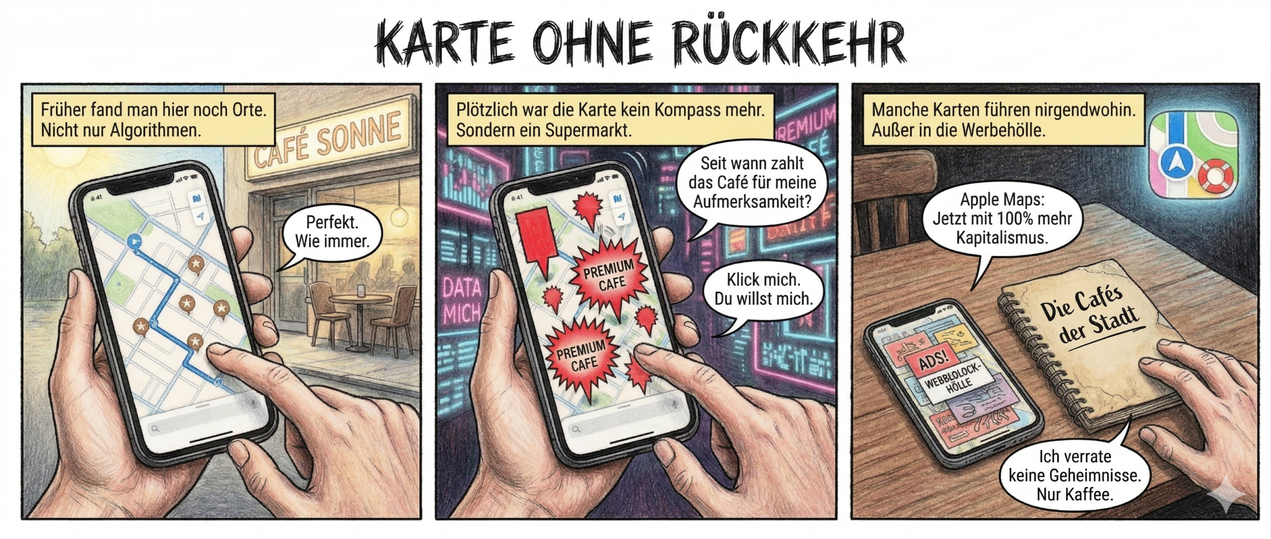 Titel: "Karte ohne Rückkehr"
Panel 1 (Szene 1: Vertrautes Terrain)
Ein iPhone liegt in einer Hand, der Bildschirm zeigt Apple Maps – sauber, blau, ein paar Café-Symbole wie Sterne am Himmel. Im Hintergrund ein ruhiges Café, dessen Schild im Sonnenlicht glänzt. Der Nutzer tippt gelassen auf den Bildschirm.
Textfeld: "Früher fand man hier noch Orte. Nicht nur Algorithmen."
Sprechblase (Nutzer, nachdenklich): "Perfekt. Wie immer."
Panel 2 (Szene 2: Der Einbruch der Werbung)
Die gleiche Karte, doch jetzt wuchern grellrote, gezackte Werbe-Pins wie ein Ausschlag. Ein "PREMIUM CAFÉ"-Pin leuchtet aufdringlich, während echte Treffer in den Hintergrund gedrängt werden. Der Nutzer starrt verwirrt, sein Finger zögert über einem falschen Ergebnis. Im Hintergrund flackern Datenströme wie Neonreklamen.
Textfeld: "Plötzlich war die Karte kein Kompass mehr. Sondern ein Supermarkt."
Sprechblase (Nutzer, genervt): "Seit wann zahlt das Café für meine Aufmerksamkeit?"
Sprechblase (unsichtbarer Algorithmus, flüsternd): "Klick mich. Du willst mich."
Panel 3 (Szene 3: Das verlorene Vertrauen)
Das iPhone liegt vergessen auf einem Tisch, der Bildschirm zeigt nur noch ein Chaos aus Werbung – wie ein überfüllter Flohmarkt. Daneben ein altes Notizbuch mit handgekritzelten Adressen ("Echtes Café – 3. Straße links"). Im Hintergrund leuchtet das Logo einer Konkurrenz-App wie ein Rettungsring. Der Nutzer greift bereits zum Notizbuch.
Textfeld: "Manche Karten führen nirgendwohin. Außer in die Werbeblock-Hölle."
Sprechblase (Nutzer, trocken): "Apple Maps: Jetzt mit 100% mehr Kapitalismus."
Sprechblase (Notizbuch, sarkastisch): "Ich verrate keine Geheimnisse. Nur Kaffee."