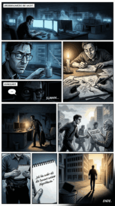 Ein Comic, der einen durch KI überarbeiteten Mitarbeiter zeigt, der schließlich in ein Notizbuch schreibt: "Ich bin mehr als die Summe meiner Algorithmen".