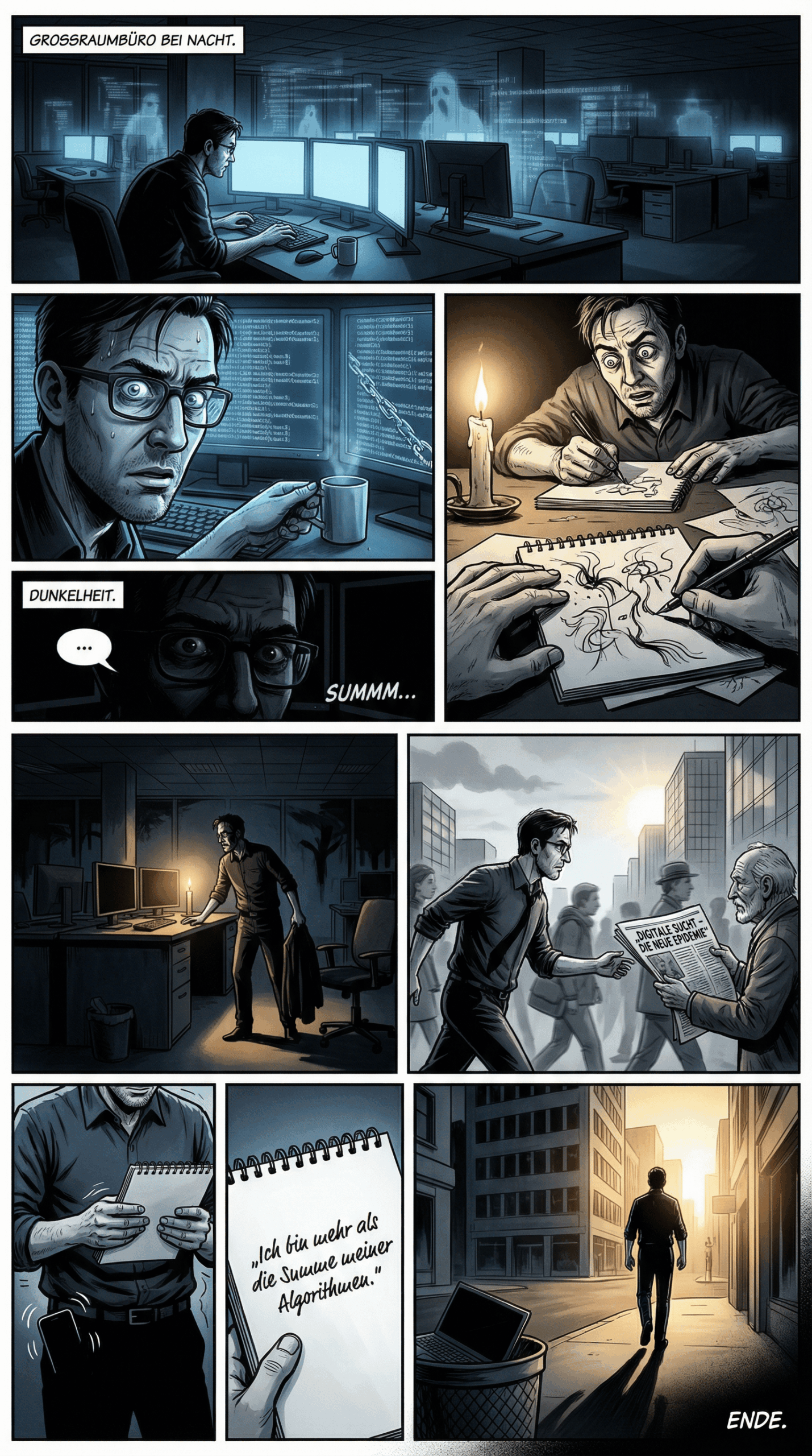 Ein Comic, der einen durch KI überarbeiteten Mitarbeiter zeigt, der schließlich in ein Notizbuch schreibt: "Ich bin mehr als die Summe meiner Algorithmen".