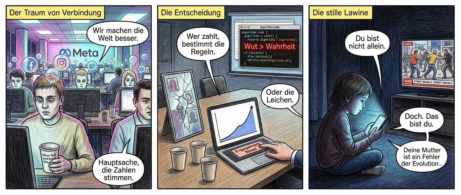 { Titel: "Like. Share. Zerbrechen."
Panel 1 (Szene 1 – Der Traum von Verbindung)
Ein Großraumbüro bei Meta, Neonlicht flutet die Gesichter junger Entwickler, die wie Zombies auf Bildschirme starren. Über ihren Köpfen schweben transparente Social-Media-Icons, die wie Seifenblasen zerplatzen. Im Vordergrund hält ein Entwickler eine leere Kaffeetasse, auf der in kleinen Buchstaben steht: "Move fast and break things." Eine Sprechblase aus dem Off: "Wir machen die Welt besser." Ein Kollege murmelt: "Hauptsache, die Zahlen stimmen."
Panel 2 (Szene 2 – Die Entscheidung)
Ein Konferenzraum, spärlich beleuchtet. Drei leere Kaffeetassen stehen auf dem Tisch, daneben ein Laptop mit einer steil ansteigenden Kurve. Ein zersplitterter Spiegel reflektiert verzerrte Nutzerprofile. Ein Manager tippt auf "Engagement Boost" – im Hintergrund öffnet sich ein Fenster mit dem Algorithmus-Code, der rot aufblinkt: "Wut > Wahrheit". Eine Sprechblase: "Wer zahlt, bestimmt die Regeln." Eine zweite, leise: "Oder die Leichen."
Panel 3 (Szene 3 – Die stille Lawine)
Ein dunkles Wohnzimmer. Ein Kind sitzt auf dem Boden, das Gesicht vom bläulichen Handylicht erhellt. Auf dem Bildschirm: Ein Hasskommentar ("Deine Mutter ist ein Fehler der Evolution") neben einer Werbung für Antidepressiva. Im Hintergrund flackert ein Fernseher mit Nachrichten über Straßenschlachten. Das Kind scrollt weiter, während im Off eine Stimme aus dem Handy flüstert: "Du bist nicht allein." Eine zweite Sprechblase, von irgendwoher: "Doch. Das bist du."}