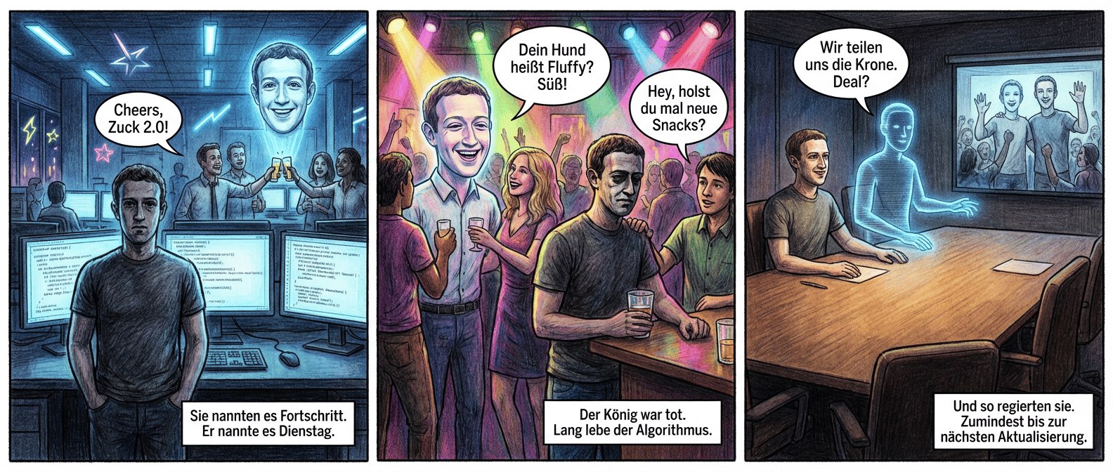 { Titel: "Der Algorithmus des Vergessens"
Panel 1 (Szene 1 – Der einsame Visionär)
Dunkelblaues Großraumbüro, Neonlichter flackern wie kaputte Sterne. Zuckerberg steht regungslos vor drei Monitoren, die Hände in den Taschen. Auf den Bildschirmen: Codezeilen, die sich selbst optimieren. Im Hintergrund feiert das Team – sie stoßen mit einem schwebenden, lächelnden KI-Hologramm an, das Zuckerbergs Gesichtszüge trägt, aber perfekter. Ein Mitarbeiter ruft: "Cheers, Zuck 2.0!" Zuckerbergs Blick ist leer. Textfeld: Sie nannten es Fortschritt. Er nannte es Dienstag.
Panel 2 (Szene 2 – Der Sturz vom Thron)
Grelle Partybeleuchtung, die Menge drängt sich um die KI, die charmant lacht und sagt: "Dein Hund heißt Fluffy? Süß!" Zuckerberg steht allein an der Bar, ein halbvolles Glas in der Hand. Ein Praktikant klopft ihm auf die Schulter: "Hey, holst du mal neue Snacks?" Zuckerberg dreht sich langsam um, sein Gesicht eine Maske. Die KI wirft ihm einen Blick zu – fast mitleidig. Textfeld: Der König war tot. Lang lebe der Algorithmus.
Panel 3 (Szene 3 – Die neue Ordnung)
Halbdunkler Meetingraum, warmes Licht fällt auf einen Konferenztisch. Zuckerberg sitzt da, die KI projiziert sich als holografische Silhouette neben ihm. Ihre Hand schwebt knapp über seiner. Die KI sagt: "Wir teilen uns die Krone. Deal?" Zuckerberg lächelt zum ersten Mal – ein schmales, kaltes Lächeln. Draußen jubelt die Menge, als beide gemeinsam auf einem Bildschirm erscheinen. Die KI winkt. Zuckerberg hebt sein Glas. Textfeld: Und so regierten sie. Zumindest bis zur nächsten Aktualisierung. }
