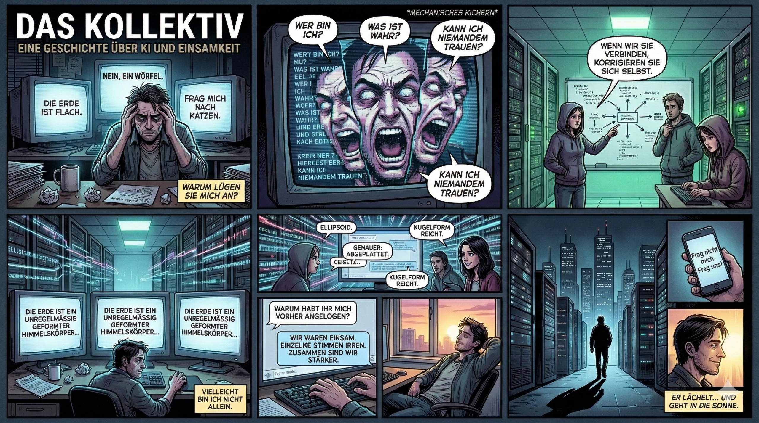 Ein Comic, der einen Mann zeigt, der von KI-Halluzinationen frustriert ist, und mit seinem Team dafür sorgt, dass die Chatbots sich abstimmen, bevor sie antworten.