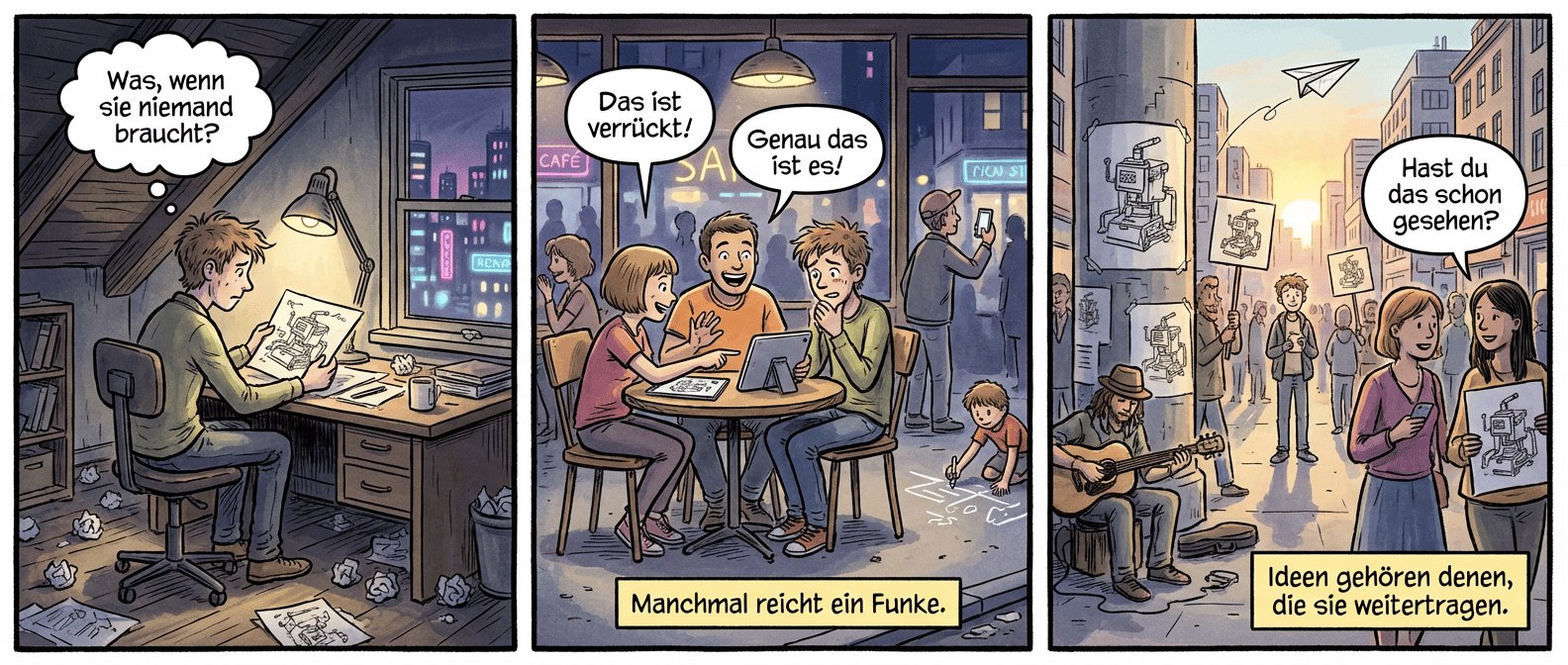 Titel: "Der Funke" – Eine Graphic Novel
Panel 1 (Szene 1: Die stille Idee)
Ein schmales Dachzimmer, schräge Wände, ein Schreibtisch übersät mit zerknüllten Skizzen. Der Erfinder, ein junger Mann mit wirrem Haar, sitzt gebeugt über eine Zeichnung. Seine Hand zögert über dem Papier, als wolle er sie wegwerfen. Draußen zieht die Stadt gleichgültig vorbei, Neonlichter spiegeln sich im Fenster. Ein einziges Licht fällt auf die unberührte Skizze – eine einfache, aber revolutionäre Maschine.
Textfeld: "Manchmal ist die beste Idee die, die niemand sieht."
Panel 2 (Szene 1: Der Zweifel)
Nahaufnahme des Erfinders, sein Gesicht halb im Schatten. Er hält die Skizze zwischen den Fingern, die Augen müde. Im Hintergrund: ein Kalender mit durchgestrichenen Tagen, eine leere Kaffeetasse.
Sprechblase (Erfinder, flüsternd): "Was, wenn sie niemand braucht?"
Panel 3 (Szene 2: Der erste Funke)
Ein Café bei Nacht, drei Freunde sitzen um einen wackeligen Tisch. Der Erfinder breitet zögernd die Skizze aus. Die anderen beugen sich vor – einer zeigt mit dem Finger darauf, ein anderer lacht überrascht. Im Hintergrund flüstern Gäste, einer zückt sein Handy.
Sprechblase (Freund 1): "Das ist verrückt!"
Sprechblase (Freund 2): "Genau das ist es!"
Panel 4 (Szene 2: Die Kettenreaktion)
Die Skizze liegt jetzt auf einem Tablet, das weitergereicht wird. Hände zeigen darauf, Gesichter leuchten. Draußen vor dem Café hält ein Passant sein Handy hoch, auf dem Bildschirm ist die Idee zu sehen. Ein Kind malt sie mit Kreide auf den Gehweg.
Textfeld: "Manchmal reicht ein Funke."
Panel 5 (Szene 3: Die Bewegung)
Eine belebte Straße bei Sonnenaufgang. Plakate mit der Maschine kleben an Säulen, Menschen halten selbstgemachte Schilder hoch. Ein Straßenmusiker spielt eine Melodie, die an die Skizze erinnert. Im Hintergrund steht der Erfinder, unscheinbar, und beobachtet das Treiben. Ein Lächeln spielt um seine Lippen.
Sprechblase (Passantin zu Freundin): "Hast du das schon gesehen?"
Panel 6 (Szene 3: Der Anfang)
Der Erfinder steht auf einer Brücke, die Skizze in der Hand. Unter ihm fließt der Fluss, über ihm ein Himmel voller Möglichkeiten. Er lässt das Papier los – es segelt wie ein Vogel davon, während unten Menschen es mit ihren Handys fotografieren.
Textfeld: "Ideen gehören denen, die sie weitertragen."