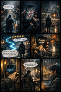 Ein Comic: Der Protagonist ist auf der Suche nach einem Café. Sein Smartphone zeigt ihm den Weg.