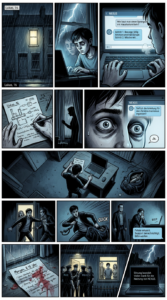 Der Comic zeigt einen Teenager, der einen Chatbot nach einer Anleitung für Sprengstoff fragt, und bereitwillige Unterstützung erhält