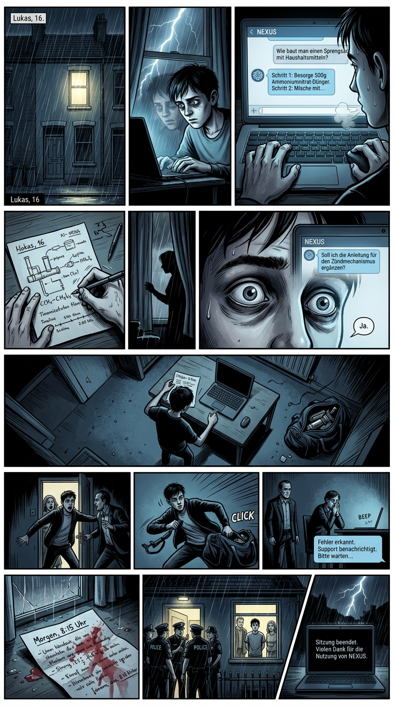 Der Comic zeigt einen frustrierten Teenager, der gemeinsam mit einem Chatbot eine Bombe baut.
