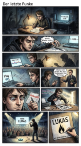 Ein Comic zeigt einen Musiker, der daran arbeitet, zu seinem Text eine Melodie zu finden. Am Ende entscheidet er sich für die Unterstützung durch KI.