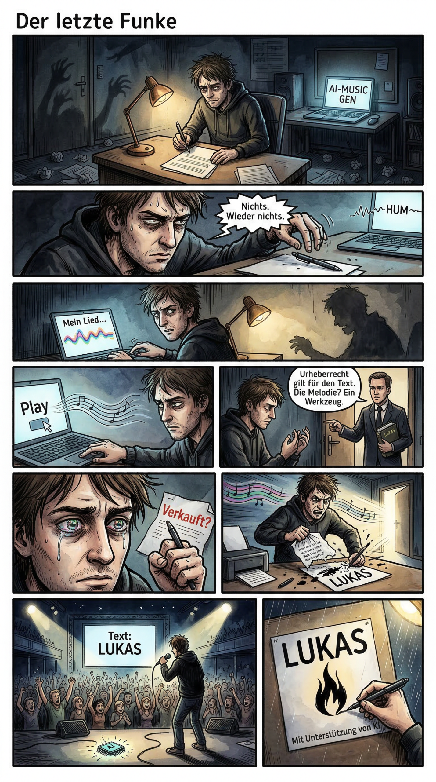 Ein Comic zeigt einen Musiker, der daran arbeitet, zu seinem Text eine Melodie zu finden. Am Ende entscheidet er sich für die Unterstützung durch KI.