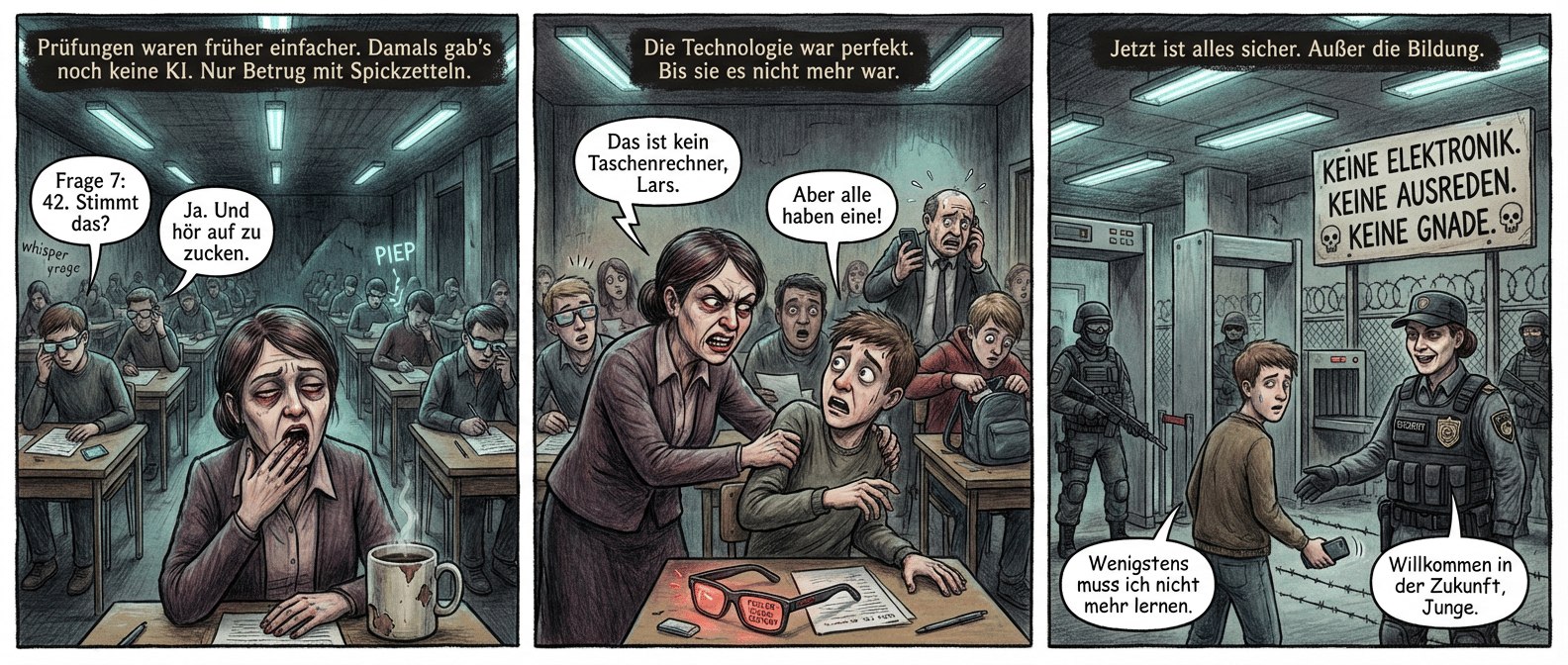 "Die letzte ehrliche Note"
Panel 1 (Szene 1 – Die stille Bedrohung)
Ein großer Prüfungssaal, Neonlicht flackert. Studenten starren auf Blätter, einige tippen unauffällig an ihre Schläfen. Die Aufsichtsperson, Frau Meier, gähnt hinter ihrem Kaffeebecher. Ihre Augen sind blutunterlaufen. Im Hintergrund piept leise eine Brille, doch niemand reagiert.
Textfeld: "Prüfungen waren früher einfacher. Damals gab’s noch keine KI. Nur Betrug mit Spickzetteln."
Sprechblase (Student, flüsternd): "Frage 7: 42. Stimmt das?"
Sprechblase (Brille, flüsternd): "Ja. Und hör auf zu zucken."
Panel 2 (Szene 2 – Der Verdacht wird zur Tat)
Student Lars wird von Frau Meier am Arm gepackt. Seine Brille liegt auf dem Tisch, das Display blinkt rot: "FEHLER: SIGNAL GESTÖRT". Die anderen Studenten erstarren. Einer wirft seine Brille hastig in den Rucksack. Im Hintergrund telefoniert der Rektor mit schweißnasser Stirn.
Textfeld: "Die Technologie war perfekt. Bis sie es nicht mehr war."
Sprechblase (Frau Meier, zischend): "Das ist kein Taschenrechner, Lars."
Sprechblase (Lars, panisch): "Aber alle haben eine!"
Panel 3 (Szene 3 – Die neue Realität)
Der Prüfungssaal sieht aus wie ein Flughafen. Metalldetektoren, bewaffnete Aufsichtskräfte, ein Schild: "KEINE ELEKTRONIK. KEINE AUSREDEN. KEINE GNADE." Frau Meier trägt jetzt eine Uniform mit Abzeichen. Ein Student wird durchsucht, sein Handy konfisziert. Er wirkt erleichtert.
Textfeld: "Jetzt ist alles sicher. Außer die Bildung."
Sprechblase (Student, seufzend): "Wenigstens muss ich nicht mehr lernen."
Sprechblase (Aufsicht, grinsend): "Willkommen in der Zukunft, Junge."