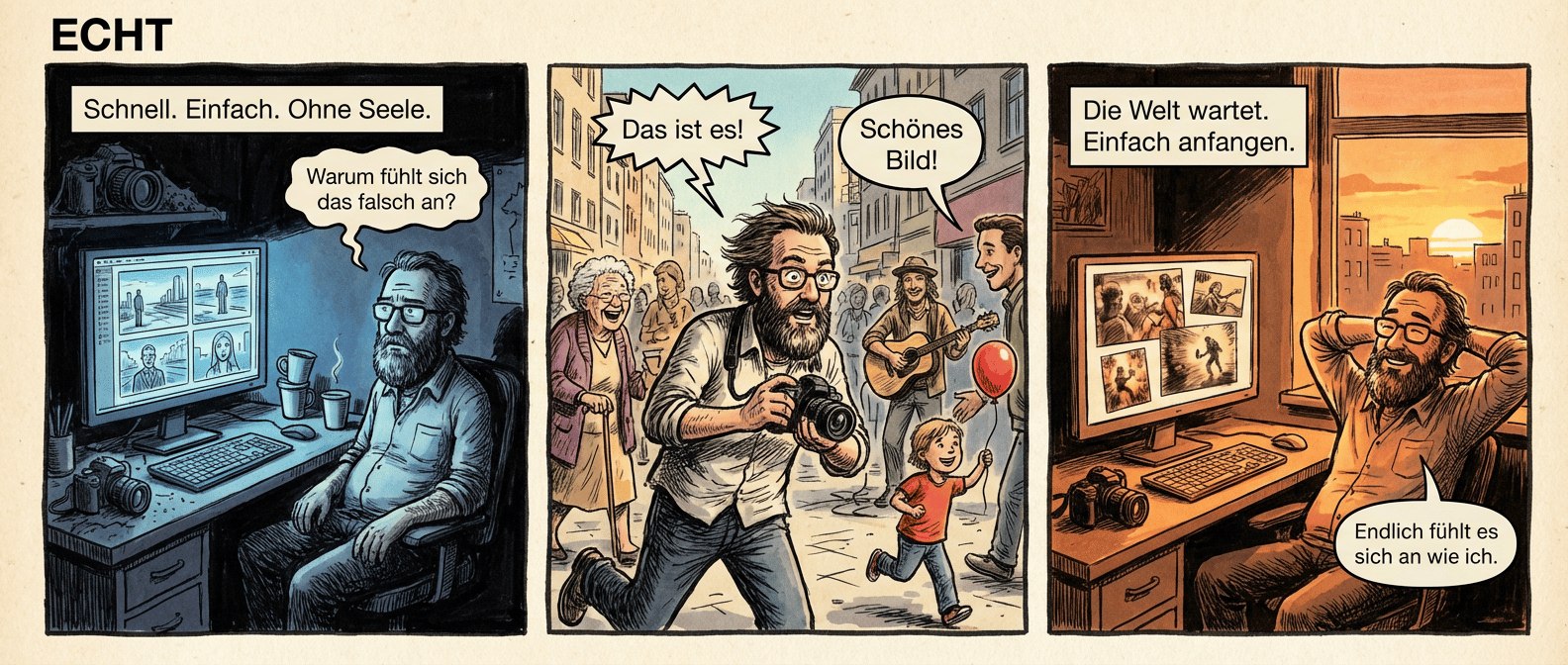 "Echt" – Eine Graphic Novel
Panel 1 (Szene 1)
Dunkler Raum, nur der Monitor wirft bläuliches Licht auf Dirks müdes Gesicht. Leere Kaffeebecher stapeln sich, die Kamera liegt verstaubt in der Ecke. Auf dem Bildschirm flackern perfekte, aber leblose KI-Szenen. Dirk starrt mit hängenden Schultern darauf.
Textfeld: "Schnell. Einfach. Ohne Seele."
Sprechblase (Dirk, flüsternd): "Warum fühlt sich das falsch an?"
Panel 2 (Szene 2)
Dirk stürmt mit der Kamera durch eine sonnige Straße. Menschen gehen vorbei – eine ältere Frau lacht, ein Straßenmusiker spielt, ein Kind jagt einen Luftballon. Der Wind weht durch seine Haare, die Kamera zittert in seinen Händen. Seine Augen leuchten.
Sprechblase (Dirk, atemlos): "Das ist es!"
Sprechblase (Passant, lächelnd): "Schönes Bild!"
Panel 3 (Szene 3)
Dirk sitzt wieder am Schreibtisch, aber alles ist anders. Auf dem Monitor laufen seine eigenen Aufnahmen – unscharf, lebendig, voller Emotionen. Die Kamera liegt griffbereit daneben. Draußen glüht die Abendsonne über der Stadt. Dirk lächelt, die Hände hinter dem Kopf verschränkt.
Textfeld: "Die Welt wartet. Einfach anfangen."
Sprechblase (Dirk, leise): "Endlich fühlt es sich an wie ich."