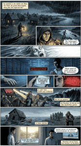 { **Graphic Novel Script: "Die stumme Flut"**
**Panel 1 (Weit, düster, Regenfäden wie Nadeln)**
Ein Dorf am Fluss, Nacht. Die Kamera schwebt über schiefen Holzhäusern, deren Fenster gelblich flackern. Im Vordergrund ein Bauer, der mit einer Laterne über sein Feld geht, die Kapuze tief ins Gesicht gezogen. Sein Schatten fällt lang auf den nassen Boden. Am Horizont: eine schwarze Wand aus Wolken, die sich wie eine Faust zusammenballt. Kein Donner, nur das leise Prasseln des Regens. Textbox (oben links, handgeschrieben): *"Sie nannten es das Wetter der Alten. Ein Fluch, der genau dann kommt, wenn man ihn vergessen hat."*
**Panel 2 (Halbnah, schräge Perspektive, starker Kontrast)**
Das Gesicht des Bauern, von unten beleuchtet durch die Laterne. Seine Augen sind schmal, die Lippen zusammengepresst. Im Hintergrund: sein Sohn, vielleicht zehn, der am Ufer Steine übers Wasser hüpfen lässt. Der Fluss glänzt ölig, die Strömung ist zu schnell. Textbox (unten rechts, zerrissen): *"Die Vorhersagen? Lügen. Wie immer."* Ein Schatten fällt über das Kind – zu groß, zu schnell. Es ist der Fluss, der sich plötzlich krümmt, als würde er atmen.
**Panel 3 (Detail, surreal, fast abstrakt)**
Eine Nahaufnahme der Wasseroberfläche. Statt Reflexion sieht man darin ein verzerrtes Gesicht: eine Frau mit leeren Augen, die den Mund aufreißt. (Anspielung auf lokale Legenden.) Plötzlich – ein greller Blitz, der das Bild in Weiß taucht. Dann: Stille.
**Panel 4 (Weit, kühles Blau, technisch)**
Ein Google-Rechenzentrum, Nacht. Reihen von Servern, deren Lichter wie Sterne in einem künstlichen Himmel pulsieren. Über ihnen schwebt ein holografisches Flussdiagramm – Datenströme, die sich zu einem Muster verdichten. Eine Warnung blinkt rot: *"FLUTWELLE IN 90 MINUTEN. 98% WAHRSCHEINLICHKEIT."* Im Vordergrund: ein Techniker (jung, müde, Kaffeebecher in der Hand), der auf den Bildschirm starrt. Sein Gesicht ist halb im Schatten. Textbox (seine Gedanken, kursiv): *"Warum warnt sie mich? Ich bin nur der Nachtwächter..."*
**Panel 5 (Schnelle Abfolge, drei kleine Sub-Panels in einem)**
1. Die Hand des Technikers zögert über der Tastatur. Seine Finger zittern.
2. Ein Close-up seines Handys: eine Push-Nachricht poppt auf. *"ALARM: FLUTGEFAHR IN IHREM GEBIET. EVAkUIEREN SIE SOFORT."*
3. Seine Augen weiten sich. Im Hintergrund: das Hologramm des Dorfes, das jetzt rot aufleuchtet.
**Panel 6 (Dynamisch, schräge Linien, Chaos)**
Das Dorf, jetzt in Panik. Sirenen heulen, ihre Lichtkegel schneiden durch den Regen. Menschen rennen, Kinder werden auf Schultern getragen, ein alter Mann stolpert – eine Hand greift nach ihm (die des Bauern aus Panel 1). Im Hintergrund: die Flutwelle, eine schwarze Wand, die sich über die Häuser schiebt. Textbox (handgeschrieben, überlappend): *"Zu spät? Nein. Gerade noch rechtzeitig."* – *"Wer hat uns gewarnt?"* – *"Die Maschine. Sie hat aus den alten Geschichten gelernt."*
**Panel 7 (Symbolisch, fast poetisch)**
Ein einzelnes Haus, das von der Flut mitgerissen wird. Es bricht auseinander, doch im Inneren: ein leerer Stuhl, ein halb gegessener Teller, eine Puppe, die auf dem Wasser treibt. Die Kamera zoomt heraus – das ganze Dorf ist jetzt eine Insel in einem See aus Schlamm. Die Menschen stehen auf einem Hügel, atemlos. Der Bauer hält seinen Sohn fest umklammert. Textbox (unten, klein): *"Sie haben überlebt."*
**Panel 8 (Letzte Einstellung, Noir-Finale)**
Der Techniker aus dem Rechenzentrum, jetzt im Morgenlicht. Er steht vor einem Fenster, und sieht nachdenklich nach draußen. Draußen: das Dorf, das langsam aufwacht, die Spuren der Flut. Sein Handy vibriert – eine neue Nachricht: *"DANKE FÜR IHREN EINSATZ. 147 LEBEN GERETTET."* Er löscht sie, ohne zu antworten. Im Hintergrund: ein Fernseher, der leise läuft. Eine Nachrichtensprecherin sagt: *"Experten warnen vor zunehmender Unberechenbarkeit des Wetters..."* Der Techniker dreht sich um. Seine Augen sind leer. Textbox (seine Stimme, überlappend mit der Sprecherin): *"Manchmal sind wir Retter. Aber meistens nur Buchhalter."* }