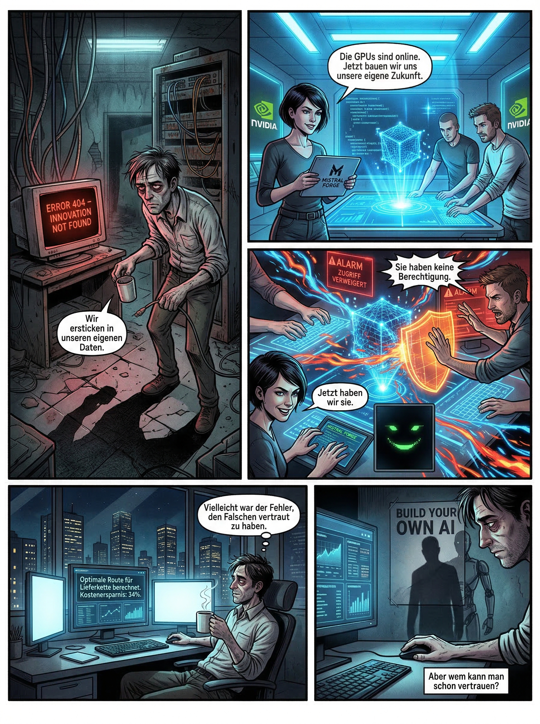 Der Comic zeigt einen überforderten IT-Mitarbeiter, ein Team, das eine Unternehmens-KI entwickelt und einen bedrohlichen Schatten.