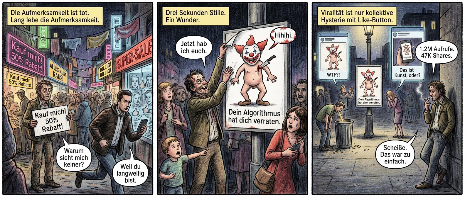 { Titel: "Der letzte Haken"
Panel 1 (Szene 1 – Der Lärm)
Dunkler, überfüllter Marktplatz bei Nacht. Neonreklamen flackern wie kaputte Leuchtstoffröhren, Werbebanner hängen schlaff wie nasse Lappen. Im Vordergrund steht ein Marketer mit zerzausten Haaren, sein Plakat ("Kauf mich! 50% Rabatt!") wird von einem vorbeieilenden Mann mit Handy ignoriert. Im Hintergrund scrollen Gesichter mechanisch, Daumen zucken wie Insektenbeine.
Textfeld: Die Aufmerksamkeit ist tot. Lang lebe die Aufmerksamkeit.
Sprechblase (Marketer, flüsternd): "Warum sieht mich keiner?"
Sprechblase (Passant, ohne Blick): "Weil du langweilig bist."
---
Panel 2 (Szene 2 – Der Bruch)
Der Marketer reißt sein altes Plakat herunter und enthüllt ein neues: Ein nackter, grinsender Clown mit einem Messer im Rücken, darunter der Satz "Dein Algorithmus hat dich verraten." Die Menge erstarrt. Ein Kind zeigt mit offenem Mund darauf, eine Frau lässt ihr Handy fallen. Im Hintergrund erstirbt das digitale Rauschen – nur noch das leise Knistern des Plakats im Wind.
Textfeld: Drei Sekunden Stille. Ein Wunder.
Sprechblase (Marketer, grinsend): "Jetzt hab ich euch."
Sprechblase (Clown auf Plakat, blutige Sprechblase): "Hihihi."
---
Panel 3 (Szene 3 – Die Lawine)
Der Platz ist leer bis auf das Plakat, das jetzt an einer Laterne hängt. Drumherum: Menschen, die es fotografieren, ein Mann kotzt in eine Mülltonne (zu viel gesehen), eine Frau schickt es mit Tränen in den Augen per Messenger. Im Hintergrund leuchten geteilte Screenshots auf – einer zeigt den Clown mit der Beschriftung "WTF?!", ein anderer mit "Das ist Kunst, oder?". Der Marketer lehnt an einer Wand, raucht eine Zigarette und beobachtet sein Werk. Sein Lächeln ist das eines Mannes, der gerade seine Seele verkauft hat – und es bereut.
Textfeld: Viralität ist nur kollektive Hysterie mit Like-Button.
Sprechblase (Marketer, ausatmend): "Scheiße. Das war zu einfach."
Sprechblase (Handybenachrichtigung im Hintergrund): "1.2M Aufrufe. 47K Shares." }