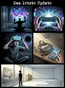 Der Comic zeigt einen jungen Mann, der mit der Oculus Quest 1 durch die Horizon Worlds streift - bis sein Gerät nicht mehr unterstützt wird.