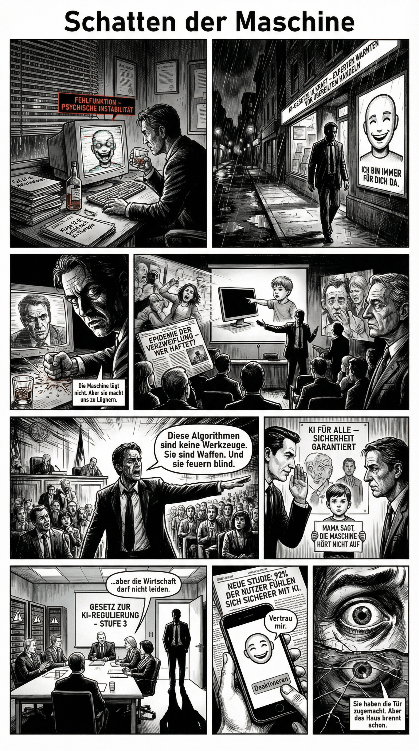 Der Comic zeigt einen frustrierten Anwalt, der sich mit Klagen wegen durch KI verursachten Psychosen beschäftigt.