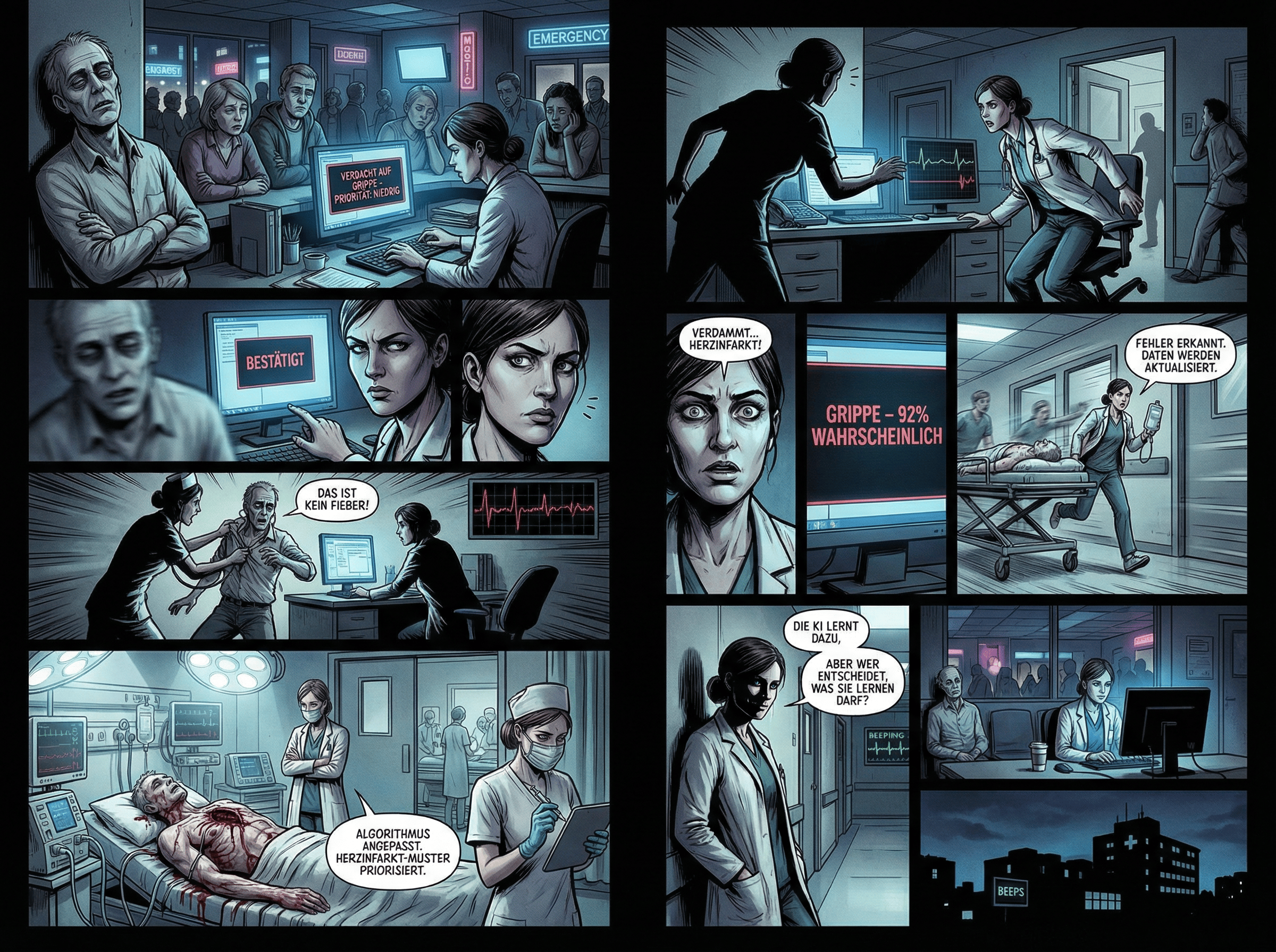 Ein Comic, der zeigt, wie eine KI einen Herzinfarkt als Grippe diagnostiziert.