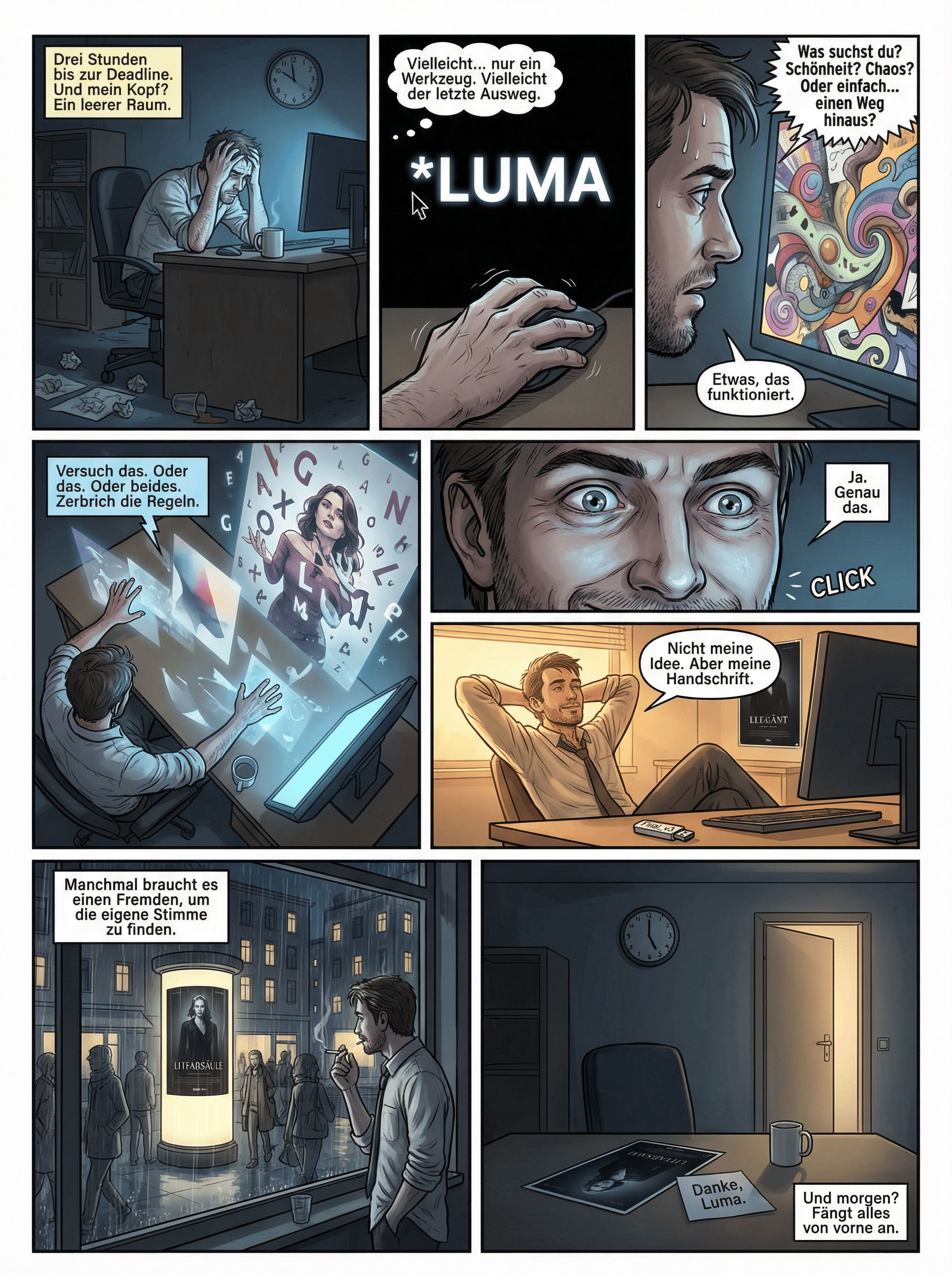 Ein Comic: Ein Kreativer kurz vor der Deadline, der einen KI-Agenten in Anspruch nimmt, um seine Arbeit fristgerecht zu erledigen.