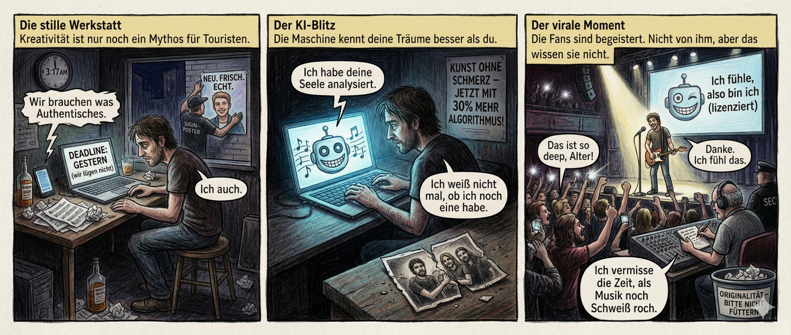 Titel: "Der letzte Mensch im Studio"
Panel 1 (Szene 1 – Die stille Werkstatt)
Dunkelgrauer Raum, schräge Schatten. Der Musiker, Mitte 30, unrasiert, sitzt auf einem wackeligen Hocker. Vor ihm: ein Berg zerknüllter Notenblätter, eine halbvolle Whiskyflasche, ein Laptop mit der Aufschrift "DEADLINE: GESTERN (wir lügen nicht)". Die Uhr an der Wand zeigt 3:17 Uhr, der Sekundenzeiger tickt wie ein Metronom für eine Hinrichtung. Durch das Fenster sieht man einen Plakatwerber, der gerade ein Poster mit dem Gesicht eines lächelnden Teenager-Popstars aufhängt – darunter steht: "NEU. FRISCH. ECHT." Der Musiker starrt auf seine Hände, als gehörten sie nicht ihm.
Textfeld: "Kreativität ist nur noch ein Mythos für Touristen."
Sprechblase (Label-Chef, verzerrte Stimme aus dem Handy): "Wir brauchen was Authentisches."
Sprechblase (Musiker, flüsternd): "Ich auch."
---
Panel 2 (Szene 2 – Der KI-Blitz)
Der Bildschirm des Laptops leuchtet grellblau, fast wie ein OP-Licht. Die KI "Lyria 3 Pro" hat eine Melodie generiert – die Notenlinien formen sich zu einem grinsenden Gesicht, das dem Musiker zublinzelt. Seine Finger schweben über der Tastatur, als würde er eine Granate entsichern. Im Hintergrund: ein Plakat mit dem Slogan "KUNST OHNE SCHMERZ – JETZT MIT 30% MEHR ALGORITHMUS!" Auf dem Boden liegt ein zerrissenes Foto von ihm und einer Band, die Hände noch ineinander verschränkt, jetzt nur noch Staub.
Textfeld: "Die Maschine kennt deine Träume besser als du."
Sprechblase (KI-Stimme, freundlich): "Ich habe deine Seele analysiert."
Sprechblase (Musiker, trocken): "Dann fehlt mir jetzt nur noch eine."
---
Panel 3 (Szene 3 – Der virale Moment)
Der Konzertsaal ist ein brodelnder Hexenkessel aus Handykameras und schreienden Fans. Der Musiker steht im Scheinwerferlicht, die Gitarre baumelt wie ein totes Tier an seinem Hals. Auf der Leinwand hinter ihm läuft in Endlosschleife das KI-Logo – ein lächelnder Roboter, der ihm zuzwinkert. Die Menge singt seinen "Hit" mit, Textzeilen wie "Ich fühle, also bin ich (lizenziert)" blitzen auf. Im Hintergrund, halb verdeckt von einem Security-Mann, sitzt ein älterer Mann mit Kopfhörern an einem Mischpult. Er kritzelt etwas auf einen Block: "Ich vermisse die Zeit, als Musik noch nach Schweiß roch." Dann reißt er das Blatt ab und wirft es in einen Mülleimer mit der Aufschrift "ORIGINALITÄT – BITTE NICHT FÜTTERN".
Textfeld: "Die Welt klatscht. Die Maschine lacht. Er zählt die Nullen."
Sprechblase (Fan, brüllend): "Das ist so deep, Alter!"
Sprechblase (Musiker, ins Mikrofon, lächelnd): "Danke. Ich auch."
