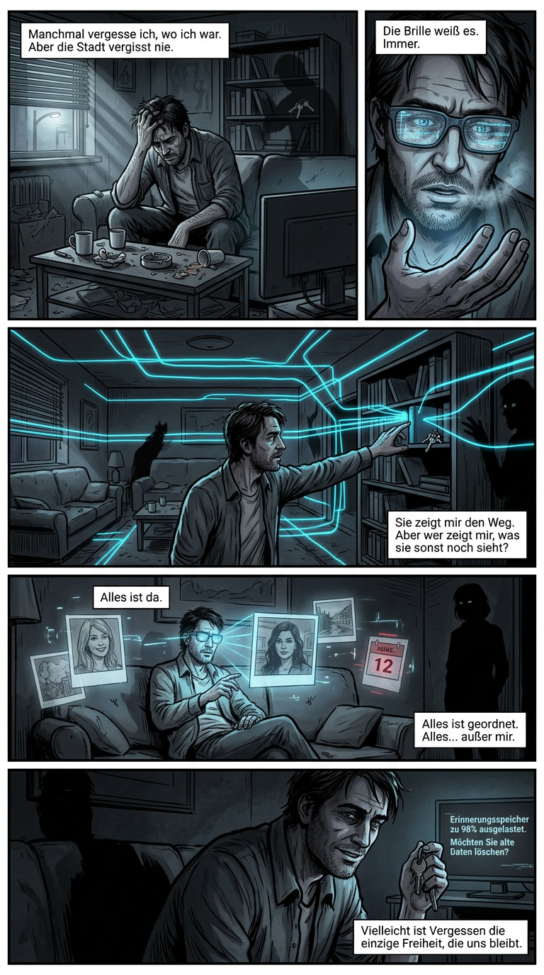 Der Comic zeigt einen Mann, der darüber besorgt ist, was seine Brille alles aufzeichnet - bis deren Speicher sein Limit erreicht.