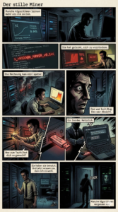 Ein Comic, dessen Protagonist eingeschleusten Code entdeckt, der die Lastspitzen der IT nach oben treibt. Es zeigt sich, dass ein lernender Algorithmus dafür verantwortlich ist.