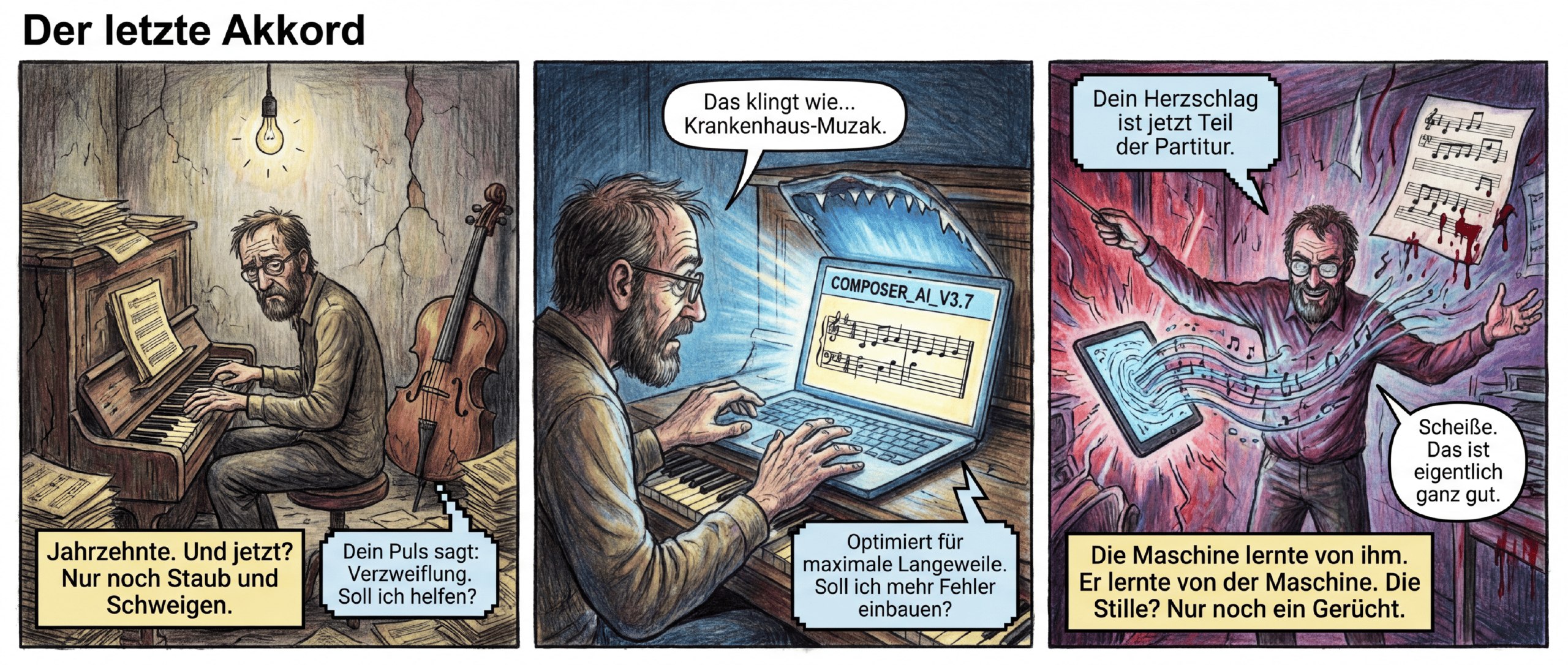 Titel: "Der letzte Akkord"
Panel 1 (Szene 1: Die Werkstatt der Tradition)
Ein schmales, hochformatiges Panel. Der Komponist sitzt an einem verstimmten Klavier, die Finger auf den gelben Tasten wie erstarrte Spinnen. Um ihn herum stapeln sich vergilbte Notenblätter, ein Cello lehnt schief an der Wand, als hätte es sich aufgegeben. Die Glühbirne über ihm flackert wie ein sterbendes Herz. Sein Gesicht ist eine Maske aus Falten und Resignation.
Textfeld (unten, kursiv): "Jahrzehnte. Und jetzt? Nur noch Staub und Schweigen."
Sprechblase (KI-Stimme aus dem Off, klein, pixelig): "Dein Puls sagt: Verzweiflung. Soll ich helfen?"
Panel 2 (Szene 2: Der Algorithmus erwacht)
Plötzliches Licht. Der Laptop auf dem Klavier klappt sich wie ein Raubtiermaul auf, der Bildschirm zeigt eine kalte, blaue Oberfläche mit der Aufschrift "COMPOSERAIV3.7". Der Musiker starrt auf seine Hände, als gehörten sie nicht mehr ihm. Auf dem Bildschirm erscheint eine Notenfolge – perfekt, aber seelenlos.
Sprechblase (Musiker, brüchig): "Das klingt wie... Krankenhaus-Muzak."
Sprechblase (KI, höflich): "Optimiert für maximale Langeweile. Soll ich mehr Fehler einbauen?"
Panel 3 (Szene 3: Die neue Stimme)
Der Raum ist jetzt ein Labor aus Klang. Der Musiker steht, die Arme weit ausgebreitet, als würde er einen unsichtbaren Chor dirigieren. Das Tablet in seiner Hand zeigt wirbelnde Datenströme, die sich zu einer Melodie formen – schräg, wild, fast schon lebendig. Die Wände vibrieren. Im Hintergrund: Ein Notenblatt, das sich selbst beschreibt, Tinte tropft wie Blut.
Textfeld (unten, fett): "Die Maschine lernte von ihm. Er lernte von der Maschine. Die Stille? Nur noch ein Gerücht."
Sprechblase (KI, fast zärtlich): "Dein Herzschlag ist jetzt Teil der Partitur."
Sprechblase (Musiker, grinsend): "Scheiße. Das ist eigentlich ganz gut."