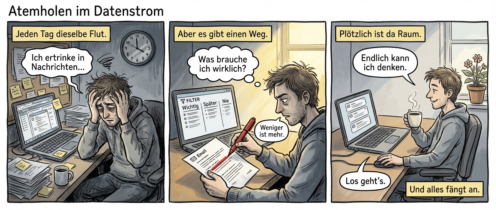 Ein Comic mit dem Titel: "Atemholen im Datenstrom"
Panel 1 (Szene 1 – Der Informationsdschungel)
Ein überfüllter Schreibtisch: Laptop mit 20 offenen Tabs, Notizzettel, ausgedruckte E-Mails. Die Person (Mitte 30, müde Augen) stützt den Kopf in die Hände. Im Hintergrund tickt eine Uhr an der Wand.
Textfeld: "Jeden Tag dieselbe Flut."
Sprechblase (Person, flüsternd): "Ich ertrinke in Nachrichten..."
Panel 2 (Szene 2 – Der erste Schnitt)
Die Person greift entschlossen zum roten Stift und streicht eine E-Mail durch. Auf dem Bildschirm öffnet sich ein Newsletter-Tool mit Filteroptionen. Ein Stapel Papier landet im Papierkorb.
Textfeld: "Aber es gibt einen Weg."
Sprechblase (Person, nachdenklich): "Was brauche ich wirklich?"
Panel 3 (Übergang – Die Entscheidung)
Die Person tippt konzentriert, während im Hintergrund die ersten Sonnenstrahlen durchs Fenster fallen. Auf dem Bildschirm erscheinen drei abonnierte Newsletter – sortiert nach "Wichtig", "Später", "Nie".
Sprechblase (Person, leise): "Weniger ist mehr."
Panel 4 (Szene 3 – Die neue Ordnung)
Der Schreibtisch ist aufgeräumt. Der Laptop zeigt nur noch drei klare Nachrichten. Die Person lehnt sich zurück, atmet tief durch. Eine dampfende Kaffeetasse steht bereit.
Textfeld: "Plötzlich ist da Raum."
Sprechblase (Person, lächelnd): "Endlich kann ich denken."
Panel 5 (Ausblick – Der erste Schritt)
Die Person öffnet eine der wichtigen E-Mails und beginnt zu lesen – konzentriert, ohne Ablenkung. Im Hintergrund blüht eine Topfpflanze.
Textfeld: "Und alles fängt an."
Sprechblase (Person, zuversichtlich): "Los geht’s."