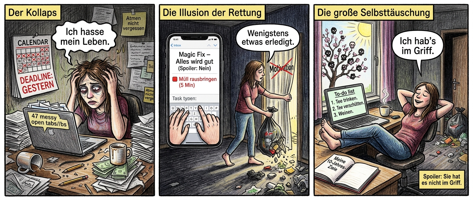 Der Comic zeigt eine junge Frau, die im Chaos versinkt.