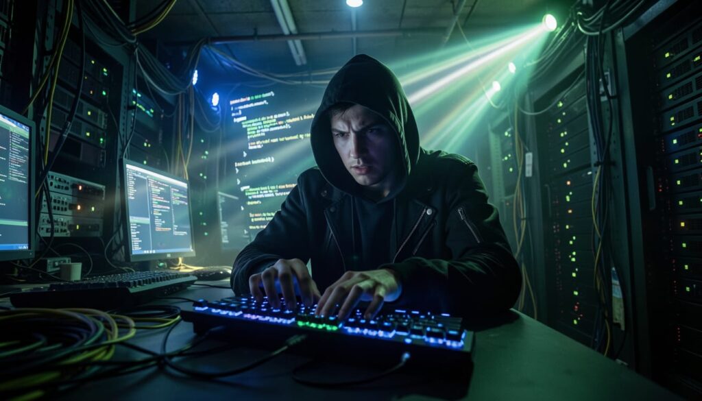 Online-Anonymität ist in Zeiten von KI eine Illusion. Das Bild zeigt einen Hacker, der auf einer leuchtenden Tastatur Code eintippt (KI-generiert)