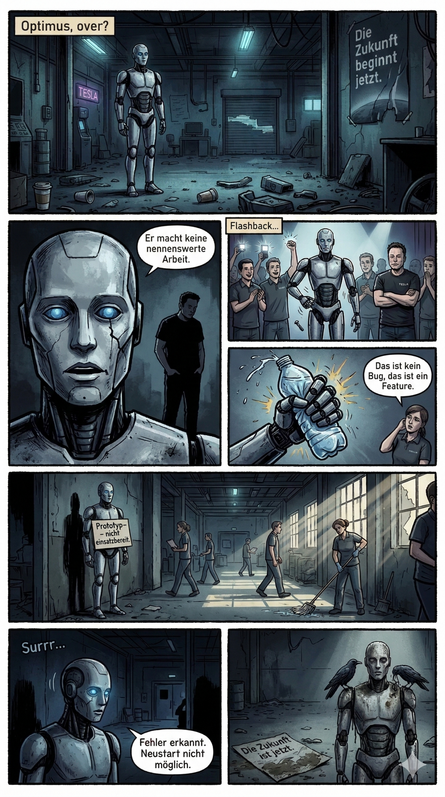 Ein Comic, der den Werdegang des einst gehypten humanoiden Roboters Optimus bis zu seiner Ausmusterung zeichnet.