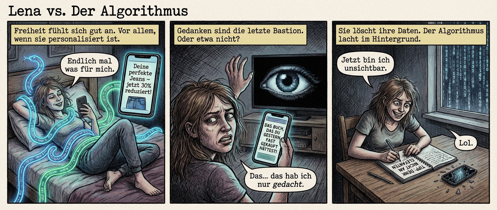 { Titel: "Lena vs. Der Algorithmus"
Panel 1 (Szene 1 – Die Illusion der Freiheit)
Lena sitzt auf ihrem Bett, Handy in der Hand, lässig zurückgelehnt. Hinter ihr winden sich neonfarbene Datenströme wie Schlangen um ihren Körper, unsichtbar für sie. Auf dem Bildschirm: "Deine perfekte Jeans – jetzt 30% reduziert!".
Textfeld: "Freiheit fühlt sich gut an. Vor allem, wenn sie personalisiert ist."
Sprechblase (Lena, lächelnd): "Endlich mal was für mich."
Panel 2 (Szene 2 – Das unheimliche Echo)
Lena erstarrt, Handy in der Luft, als sie eine Werbung für "das Buch, das sie gestern fast gekauft hätte" sieht. Ihr Gesicht verzerrt sich zu einer Grimasse. Im Hintergrund: Ein schwarzer Bildschirm reflektiert ein riesiges, pixeliges Auge.
Textfeld: "Gedanken sind die letzte Bastion. Oder etwa nicht?"
Sprechblase (Lena, flüsternd): "Das… das hab ich nur gedacht."
Panel 3 (Szene 3 – Der aussichtslose Kampf)
Lena sitzt an einem Holztisch, kritzelt wütend in ein Notizbuch: "TIPP: DENK NICHT AN ELEFANTEN". Ihr Handy liegt zerschmettert in der Ecke. Draußen vor dem Fenster zieht ein digitaler Regen vorbei – Zahlen und Code, die wie Schnee fallen.
Textfeld: "Sie löscht ihre Daten. Der Algorithmus lacht im Hintergrund."
Sprechblase (Lena, grinsend): "Jetzt bin ich unsichtbar."
Sprechblase (unsichtbar, klein in der Ecke): "Lol." }