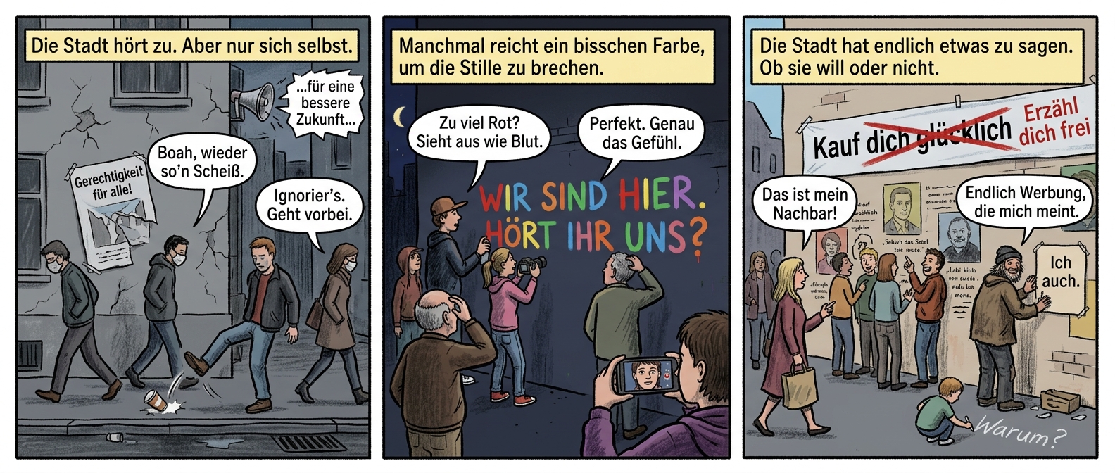 { Titel: "Die stumme Stadt – Ein Comic über Gleichgültigkeit und laute Wände"
Panel 1 (Szene 1: Die stumme Stadt)
Graue Häuserfronten, Risse im Putz wie Narben. Ein Plakat mit der Aufschrift "Gerechtigkeit für alle!" hängt schief, halb abgerissen. Passanten eilen vorbei, Gesichter hinter Masken oder gesenkten Blicken. Ein Mann tritt gegen einen leeren Pappbecher, der scheppernd in den Rinnstein rollt. Im Hintergrund ein kaputter Lautsprecher, aus dem ein verzerrtes "…für eine bessere Zukunft…" krächzt.
Textfeld: "Die Stadt hört zu. Aber nur sich selbst."
Sprechblase 1 (Passant): "Boah, wieder so’n Scheiß."
Sprechblase 2 (anderer Passant): "Ignorier’s. Geht vorbei."
Panel 2 (Szene 2: Die Flamme entzündet sich)
Nacht. Eine Gruppe junger Leute – einer mit Basecap, eine mit Kamera, ein Dritter mit Sprühdose – arbeitet an einer Wand. Bunte Buchstaben entstehen: "WIR SIND HIER. HÖRT IHR UNS?" Ein älterer Mann bleibt stehen, mustert das Graffiti, kratzt sich am Kopf. Ein Teenager filmt mit dem Handy, zoomt auf sein eigenes Gesicht.
Textfeld: "Manchmal reicht ein bisschen Farbe, um die Stille zu brechen."
Sprechblase 1 (Mann mit Basecap): "Zu viel Rot? Sieht aus wie Blut."
Sprechblase 2 (Mädchen mit Kamera): "Perfekt. Genau das Gefühl."
Panel 3 (Szene 3: Die Stadt erwacht)
Tagsüber. Die Wand ist jetzt ein Mosaik aus Geschichten: Porträts, Zitate, ein übermaltes Werbeplakat mit der Aufschrift "Kauf dich glücklich" (durchgestrichen, daneben "Erzähl dich frei"). Menschen stehen in Gruppen davor, zeigen auf Details, lachen, streiten. Ein Obdachloser klebt ein selbstgemaltes Schild daneben: "Ich auch." Ein Kind malt mit Kreide "Warum?" auf den Boden.
Textfeld: "Die Stadt hat endlich etwas zu sagen. Ob sie will oder nicht."
Sprechblase 1 (Frau mit Einkaufstasche): "Das ist mein Nachbar!"
Sprechblase 2 (Obdachloser, grinsend): "Endlich Werbung, die mich meint." }