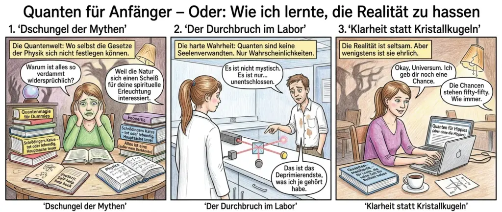 { Titel: "Quanten für Anfänger – Oder: Wie ich lernte, die Realität zu hassen"
Panel 1 (Dschungel der Mythen)
Lena sitzt an einem wackeligen Café-Tisch, umgeben von Büchertürmen. Die Titel: "Quantenmagie für Dummies", "Schrödingers Katze – tot oder lebendig, Hauptsache teuer", "Alles ist eins (außer mein Bankkonto)". Ihr Gesicht ist eine Mischung aus Verzweiflung und leichter Übelkeit. Ein Esoterik-Ratgeber liegt aufgeschlagen, daneben ein Physikbuch mit komplizierten Formeln. Im Hintergrund wirft eine Kristallkugel Schatten an die Wand – oder ist das nur die kaputte Lampe?
Textfeld: "Die Quantenwelt: Wo selbst die Gesetze der Physik sich nicht festlegen können."
Sprechblase (Lena): "Warum ist alles so verdammt widersprüchlich?"
Sprechblase (unsichtbarer Barista): "Weil die Natur sich einen Scheiß für deine spirituelle Erleuchtung interessiert."
---
Panel 2 (Der Durchbruch im Labor)
Lena steht in einem sterilen Labor, Kittel zu groß, Haare zum Pferdeschwanz gebunden. Vor ihr ein Laser-Experiment: Ein Photon teilt sich an einem Strahlteiler, landet aber nur auf einem Detektor. Der Forscher, ein müde aussehender Mann mit Kaffeefleck auf dem Hemd, deutet auf den Lichtpunkt. Lena starrt, als hätte sie gerade Gott gesehen – oder zumindest die Abwesenheit von Magie.
Textfeld: "Die harte Wahrheit: Quanten sind keine Seelenverwandten. Nur Wahrscheinlichkeiten."
Sprechblase (Forscher): "Es ist nicht mystisch. Es ist nur… unentschlossen."
Sprechblase (Lena): "Das ist das Deprimierendste, was ich je gehört habe."
---
Panel 3 (Klarheit statt Kristallkugeln)
Zurück im Café, aber alles ist aufgeräumt. Keine Esoterik-Bücher mehr, nur ein Physikbuch mit der Aufschrift "Quantenmechanik – für Leute, die keine Zeit für Bullshit haben". Lena tippt auf ihrem Laptop, der Bildschirm zeigt ihren Blog: "Quanten für Hippies (aber ohne die Hippies)". Neben ihr steht eine Tasse Kaffee, daneben ein Zettel mit der Skizze eines Doppelspaltexperiments. Sie lächelt – nicht glücklich, aber zufrieden. Im Hintergrund wirft die kaputte Lampe immer noch seltsame Schatten.
Textfeld: "Die Realität ist seltsam. Aber wenigstens ist sie ehrlich."
Sprechblase (Lena): "Okay, Universum. Ich geb dir noch eine Chance."
Sprechblase (unsichtbarer Barista): "Die Chancen stehen fifty-fifty. Wie immer." }