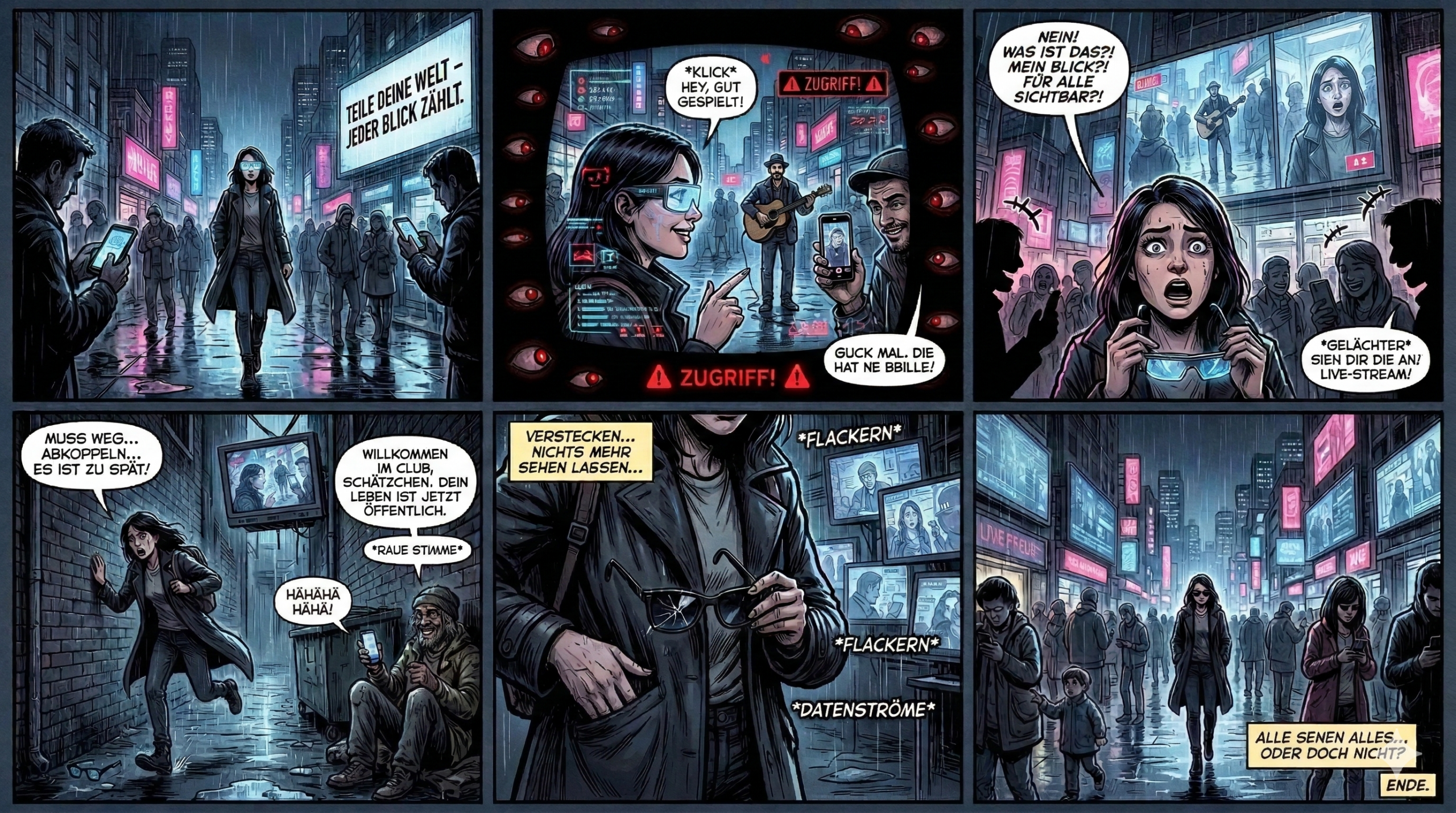 Ein Comic, der in sechs Panels eine junge Frau zeigt, die eine Meta-KI-Brille trägt und deren Blicke live gestreamt werden