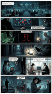 Der Comic zeigt einen Mitarbeiter einer international arbeitenden Cybersecurity-Organisation, der Schadsoftware bekämpft, die von einer Hackerin eingeschleust wird. Der Comic zeigt, dass der Kampf gegen Cyberbedrohungen nicht enden wird.