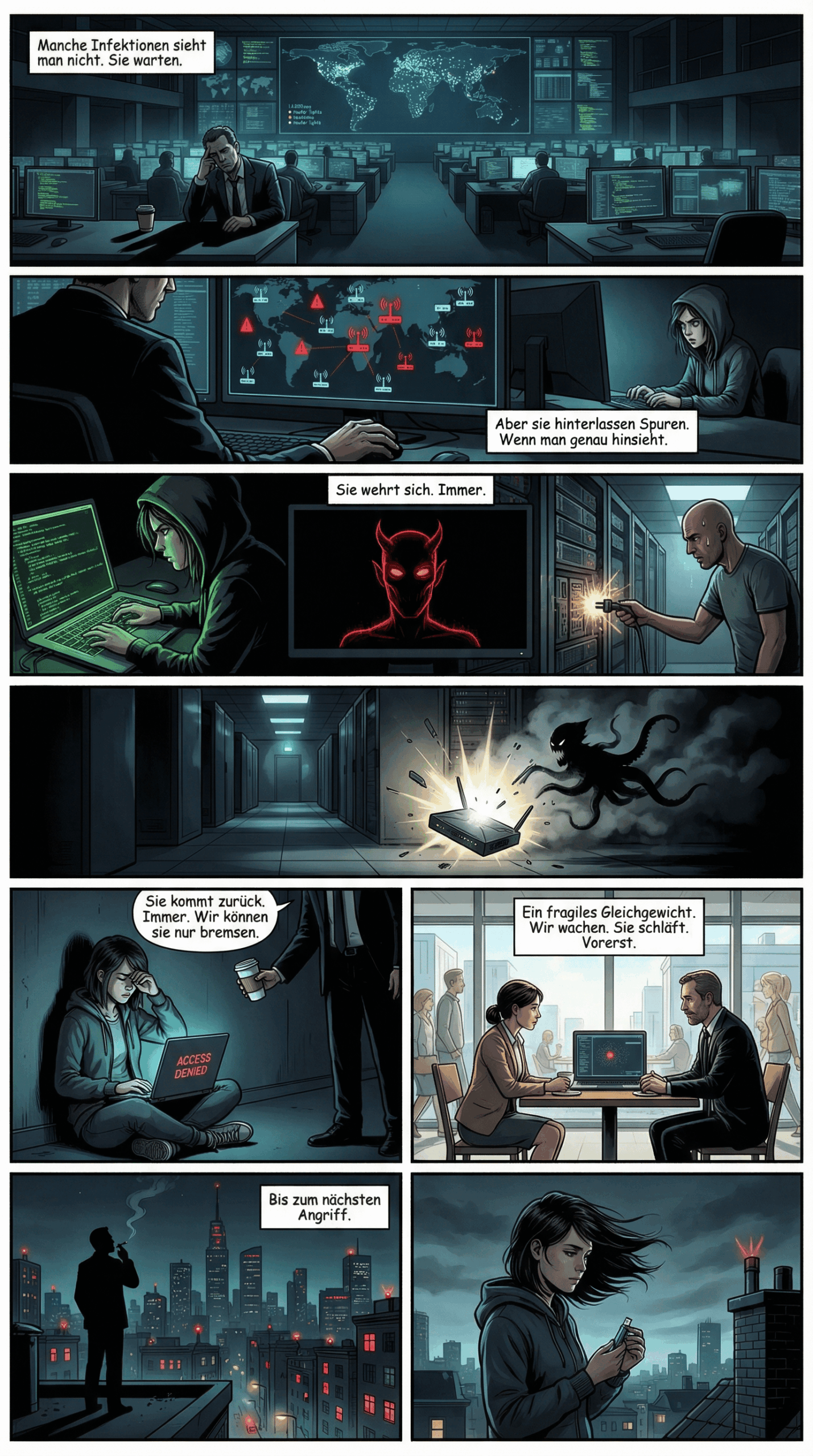 Der Comic zeigt einen Mitarbeiter einer international arbeitenden Cybersecurity-Organisation, der Schadsoftware bekämpft, die von einer Hackerin eingeschleust wird. Der Comic zeigt, dass der Kampf gegen Cyberbedrohungen nicht enden wird.