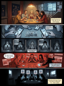 Der Comic zeigt eine Gruppe von Freunden, deren Freundschaft von Social Media-Kommentaren zerstört wird.