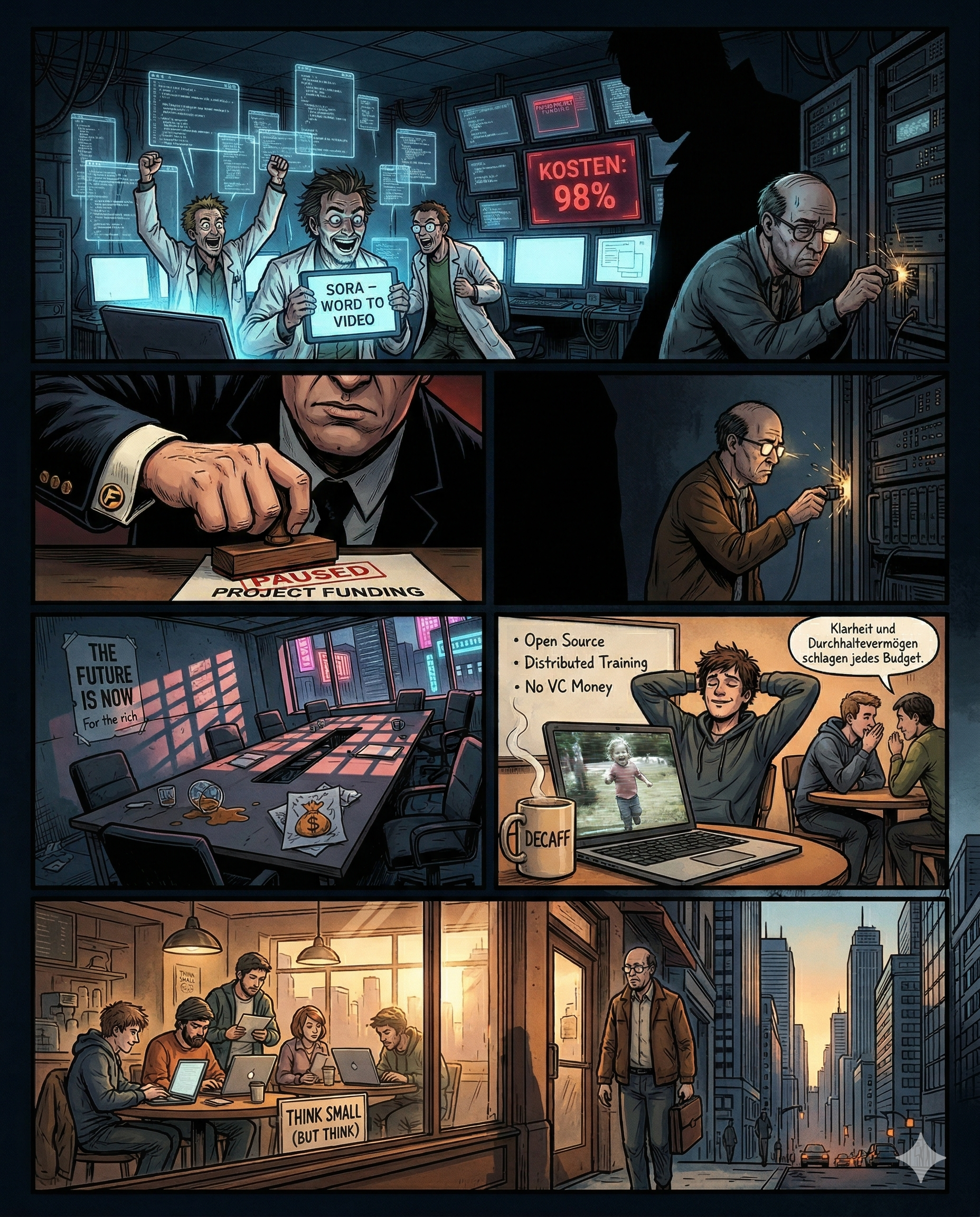 Graphic Novel Script: "Sora – Schatten der Unendlichkeit"

Panel 1 (Weitwinkel, düsteres Blau-Schwarz)
Das Labor – ein Gewirr aus flackernden Hologrammen, die wie Geister aus Textzeilen aufsteigen. Im Vordergrund jubeln drei Wissenschaftler, ihre Gesichter von unten durch die Bildschirme erleuchtet, als stünden sie vor einem Altar. Einer hält ein Tablet mit der Aufschrift "SORA – WORD TO VIDEO" hoch, seine Augen glänzen fiebrig. Im Hintergrund: eine Wand aus Monitoren, auf denen rote Warnsignale pulsieren – "KOSTEN: 98%" blinkt in fetten Lettern. Ein Schatten fällt über die Szene, als stünde etwas Unsichtbares hinter der Kamera.

Panel 2 (Nahaufnahme, harte Kontraste)
Die Hand eines Mannes in Anzug – teurer Stoff, Manschettenknopf mit Firmenlogo – drückt einen Stempel auf ein Dokument. Der Stempelabdruck: "PAUSED" in blutrot. Sein Gesicht bleibt im Dunkeln, nur der Mund ist sichtbar, eine schmale, angespannte Linie. Im Hintergrund, halb verdeckt, ein Techniker mit schütterem Haar, der einen Stecker aus einer Serverbank zieht. Funken sprühen, das Licht in seinen Brillengläsern erlischt. Sein Gesichtsausdruck ist leer, als hätte er das schon hundertmal getan.

Panel 3 (Halbtotale, schräge Perspektive)
Der Konferenzraum, jetzt verlassen. Stühle stehen kreuz und quer, als wären die Menschen in Eile geflohen. Auf dem Tisch: ein umgestürztes Whiskyglas, ein zerknülltes Papier mit der Skizze eines Geldsacks, der in Flammen aufgeht. An der Wand ein zerrissenes Poster – "THE FUTURE IS NOW" – mit einem handschriftlichen Zusatz darunter: "For the rich." Durch das Fenster fällt grelles Neonlicht von draußen, wirft lange Schatten wie Gitterstäbe.

Panel 4 (Detailaufnahme, warme Töne im Kontrast)
Eine Kaffeetasse, randvoll, Dampf steigt auf. Daneben ein Laptop, Bildschirm zeigt ein ruckelndes Video – ein Kind, das lachend durch einen Garten rennt, aber die Farben sind verwaschen, die Bewegungen stockend. Auf dem Whiteboard daneben: "Open Source", "Distributed Training", "No VC Money". Ein junger Entwickler mit Kapuzenpulli lehnt sich zurück, die Hände hinter dem Kopf verschränkt. Sein Lächeln ist müde, aber echt. Im Hintergrund flüstern zwei andere: "Vielleicht ist klein ja das neue Groß."

Panel 5 (Weitwinkel, melancholisch-optimistisch)
Das Café von außen, Sonnenlicht bricht durch die Scheiben. Drinnen sitzen die Entwickler, jetzt zu viert, über Laptops gebeugt. Auf einem Tisch steht ein Schild: "THINK SMALL (BUT THINK)". Draußen auf der Straße geht ein Mann vorbei, sein Schatten fällt kurz über die Szene – es ist der Techniker aus Panel 2, jetzt in Zivil, mit einer Aktentasche. Er wirft einen Blick durchs Fenster, zögert, dann geht er weiter. Die Kamera zoomt heraus, zeigt die Stadt: Hochhäuser, die in den Himmel ragen, aber unten, im Café, brennt noch ein kleines Licht.
